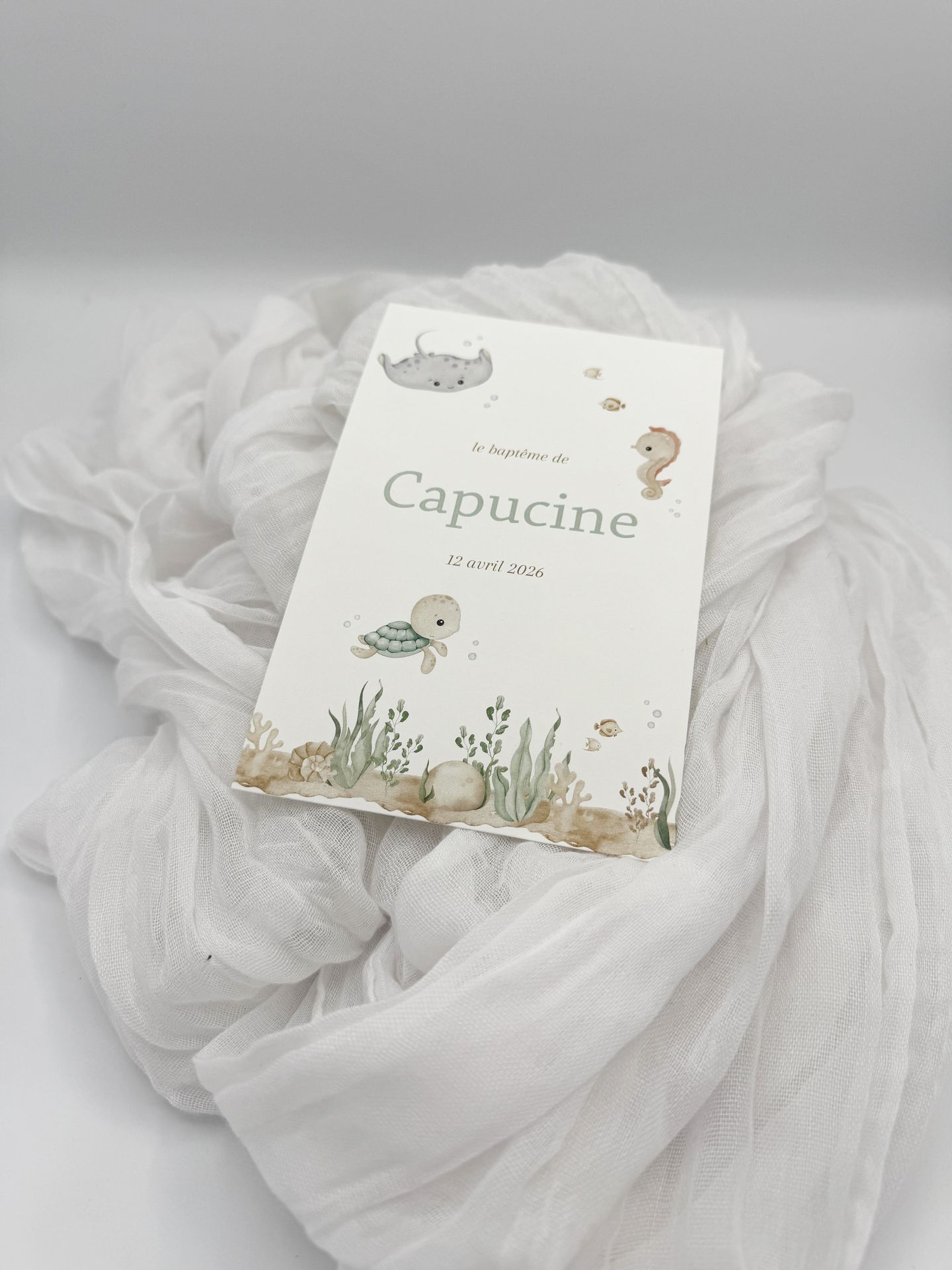 Faire part baptême mer poisson océan torue fond marin vert sauge