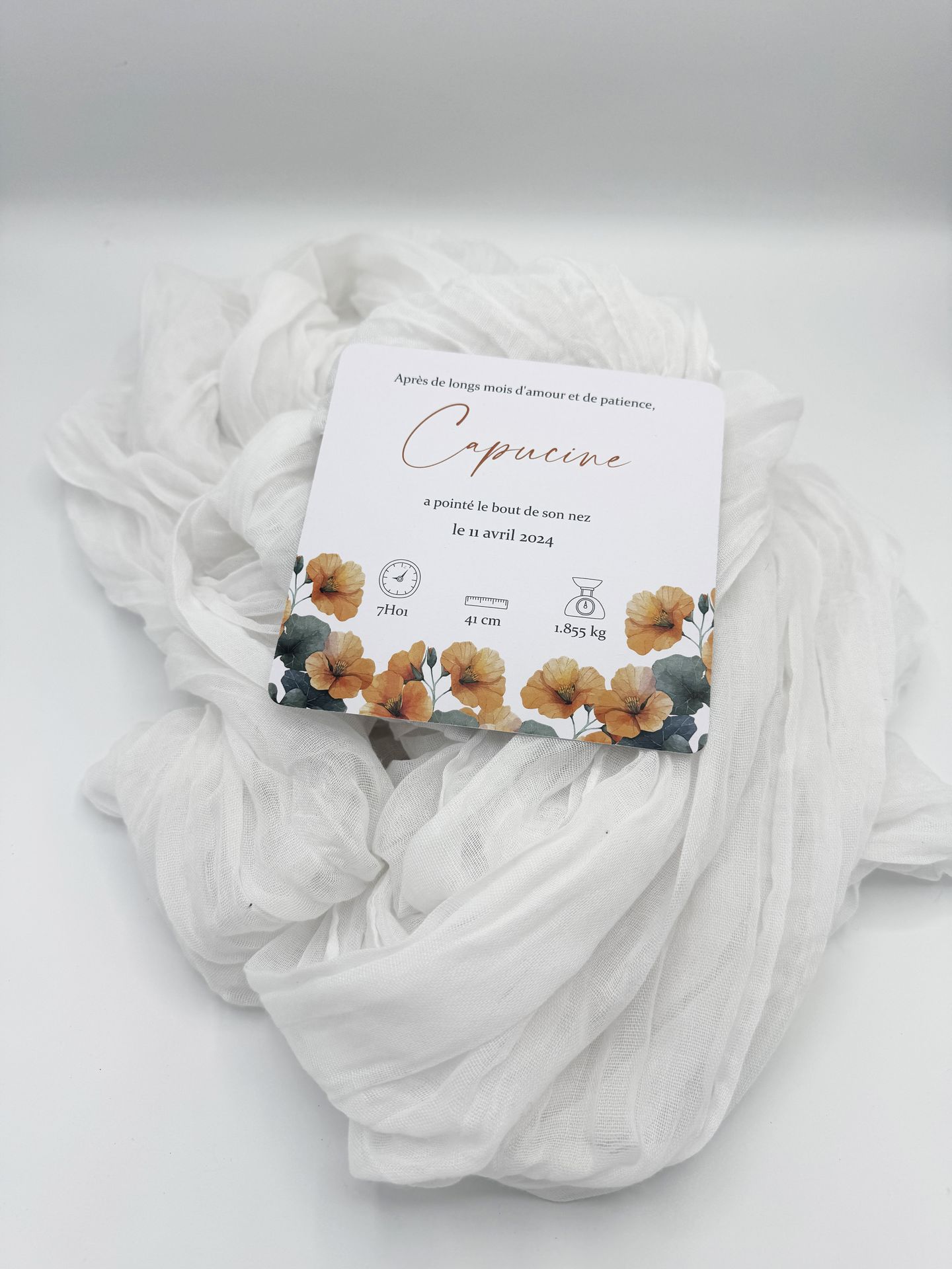 Faire part naissance fleurs feuillage orangé