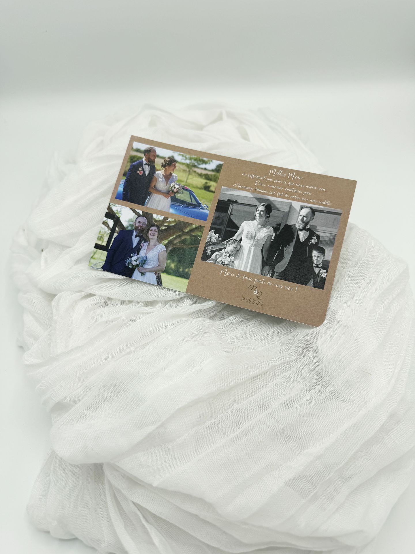 Carte de remerciements mariage photos mariés fond kraft format rectangle