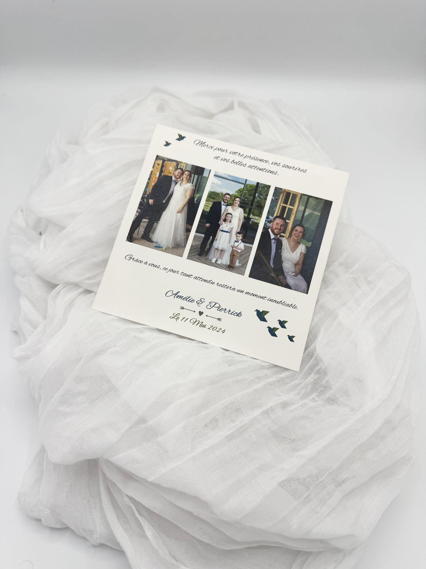 Carte de remerciements mariage photo mariés origami bleu vert format carré