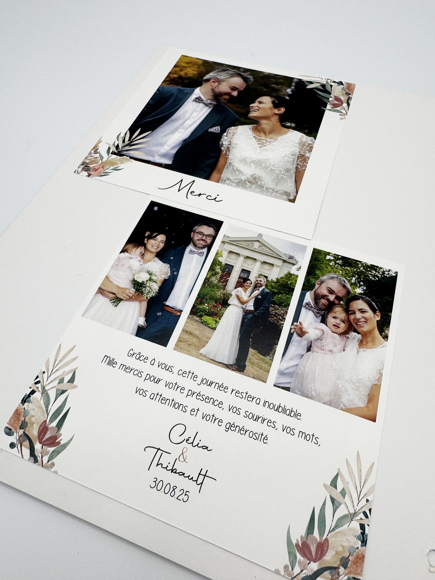 Carte de remerciements mariage pampa terracotta feuillage photo mariés format carré
