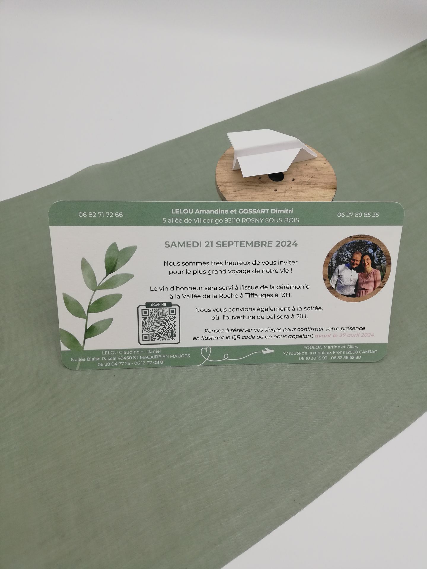 Faire part mariage voyage vert sauge