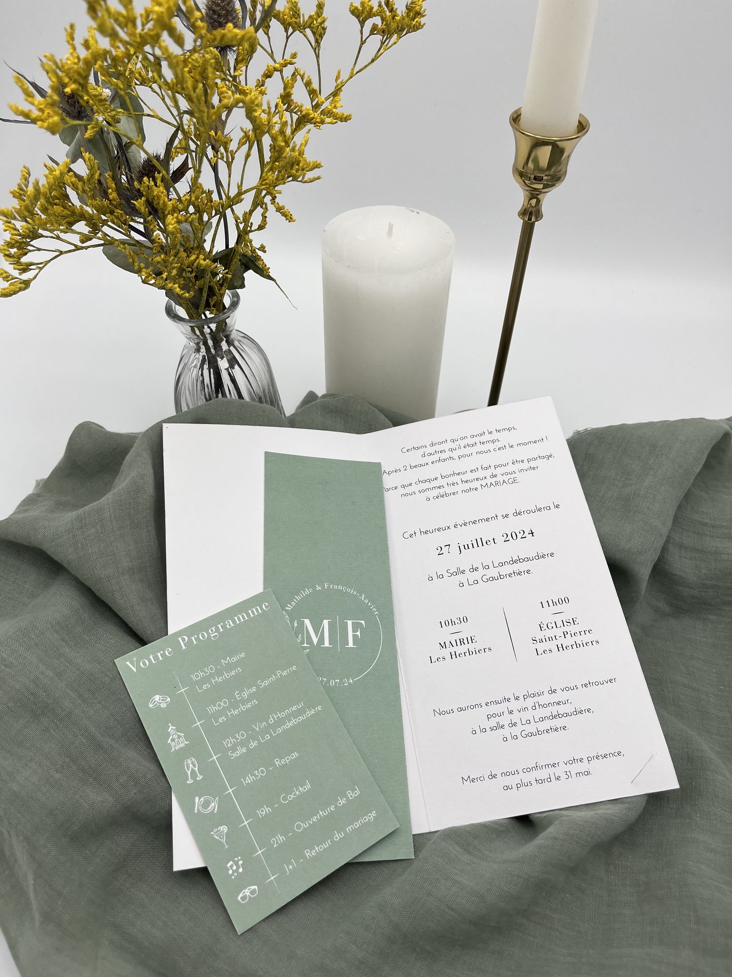Faire part mariage vert sauge photo marque page