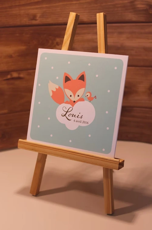 Faire part naissance renard fond bleu