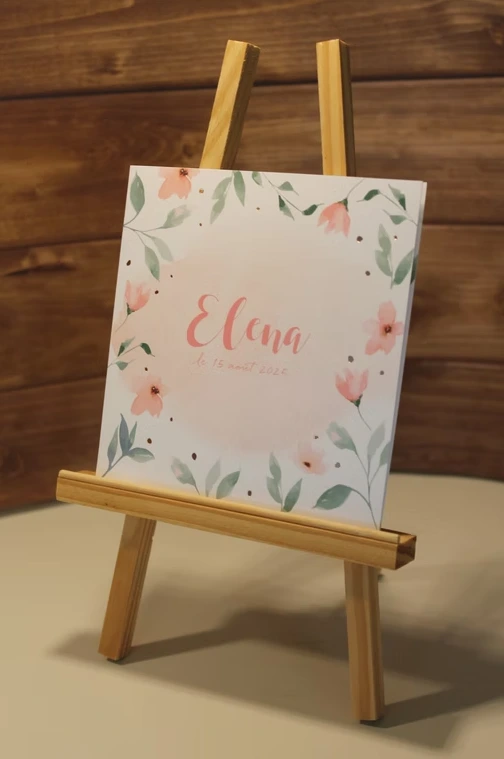 Faire part naissance fleurs feuillage rose