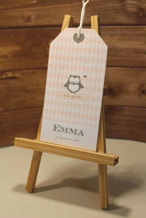 Faire part naissance étiquette rose hibou chouette coeur