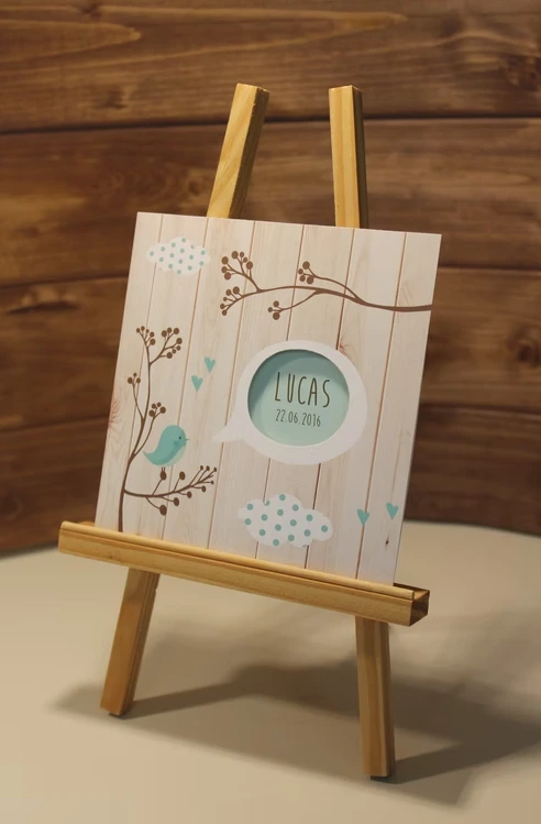 Faire part naissance format carré arbre oiseau bleu vert