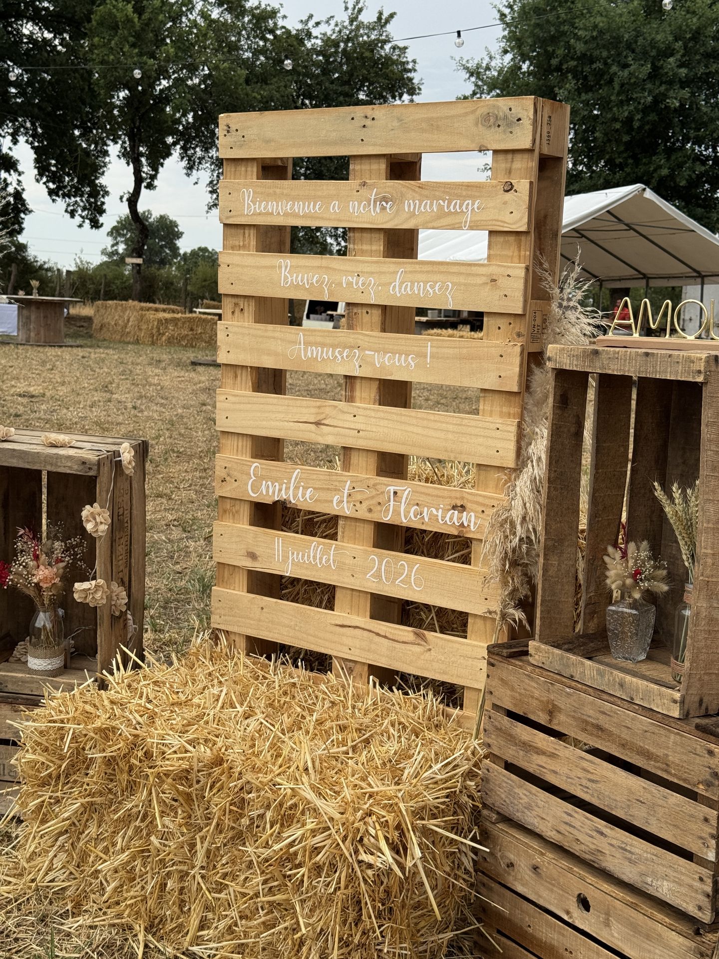 panneau de bienvenue paille pampas bois champêtre