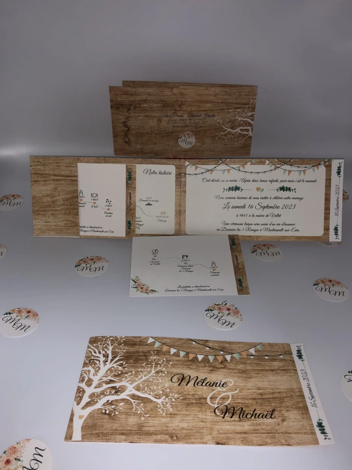 Faire part mariage avec ouverture effet bois