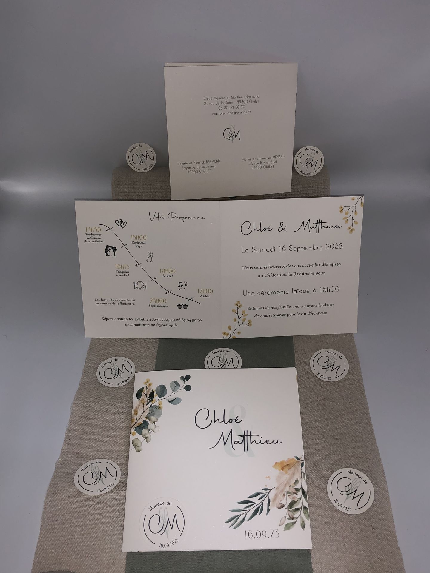 Faire part mariage feuillage fleurs sèche vert