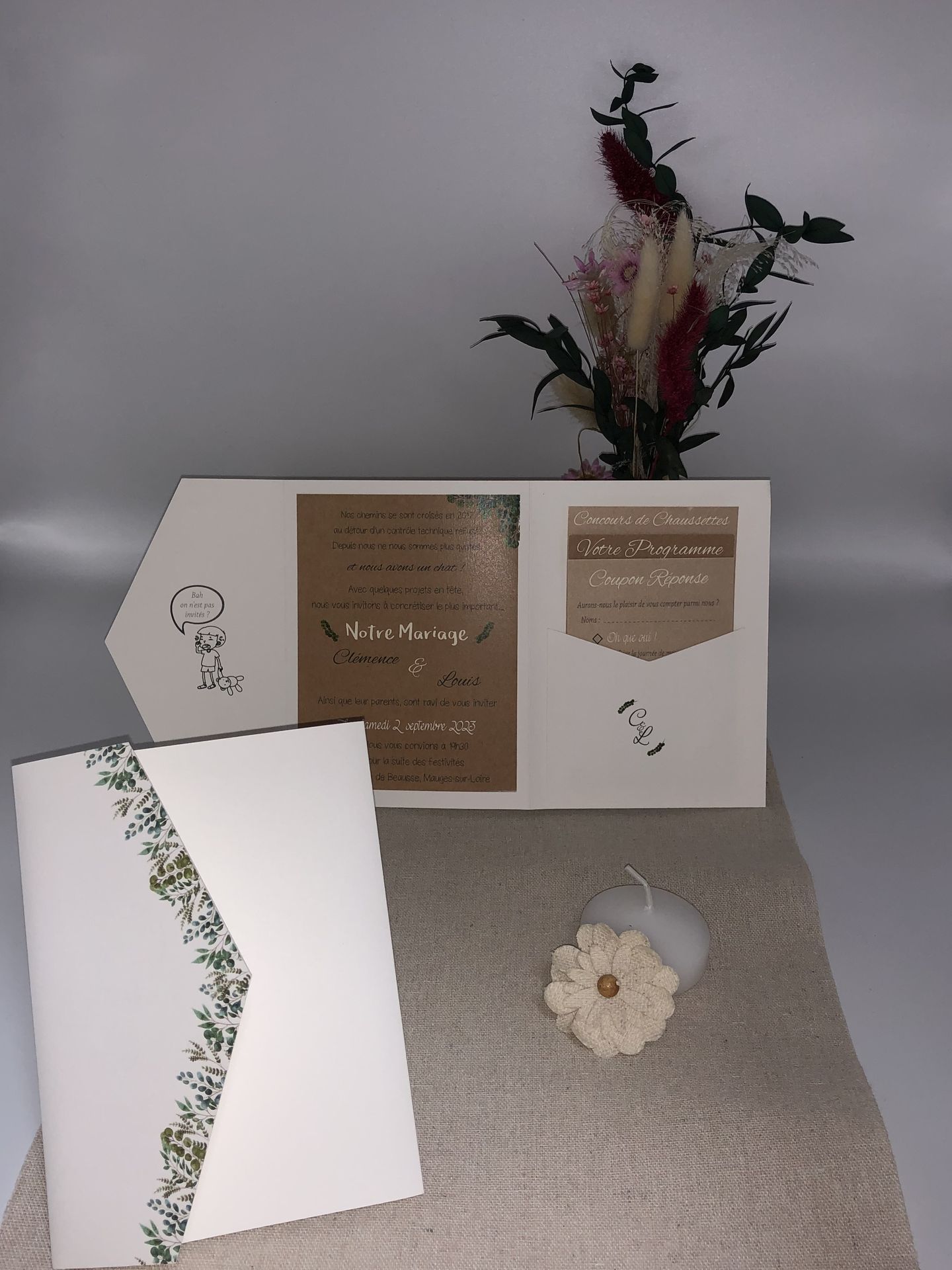 Faire part mariage feuillage effet kraft