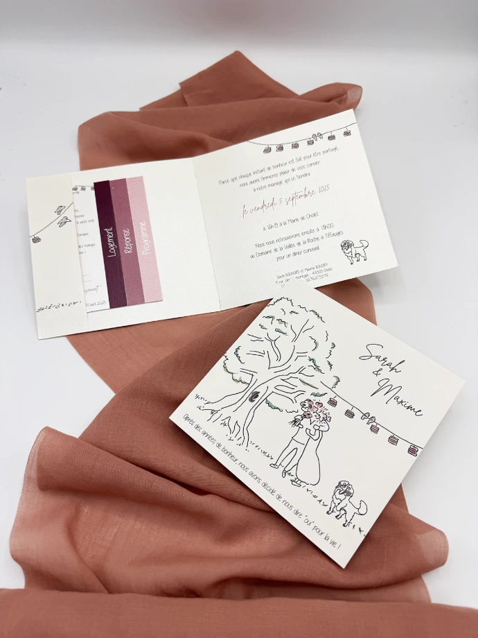 Faire part mariage vieux rose dessin mariés coupons personnalisés