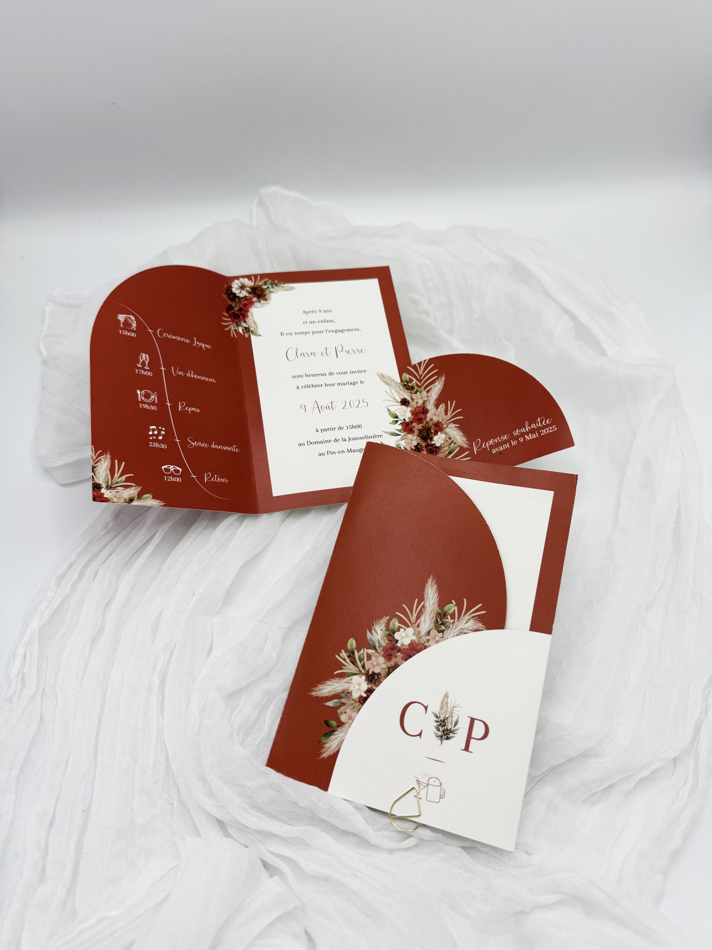 Faire part mariage terracotta pampas arche