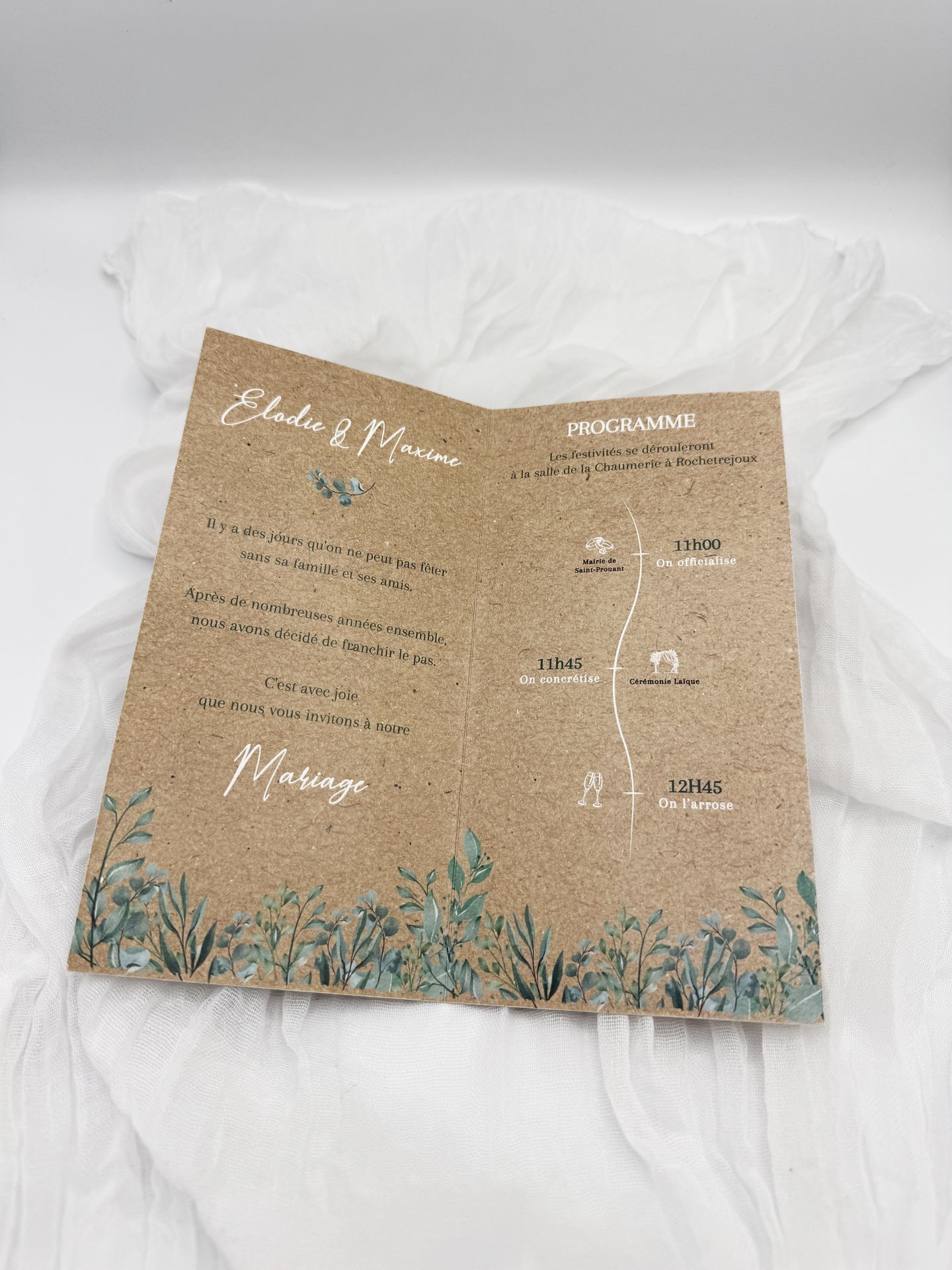 Faire part mariage craft végétaux vert blanc