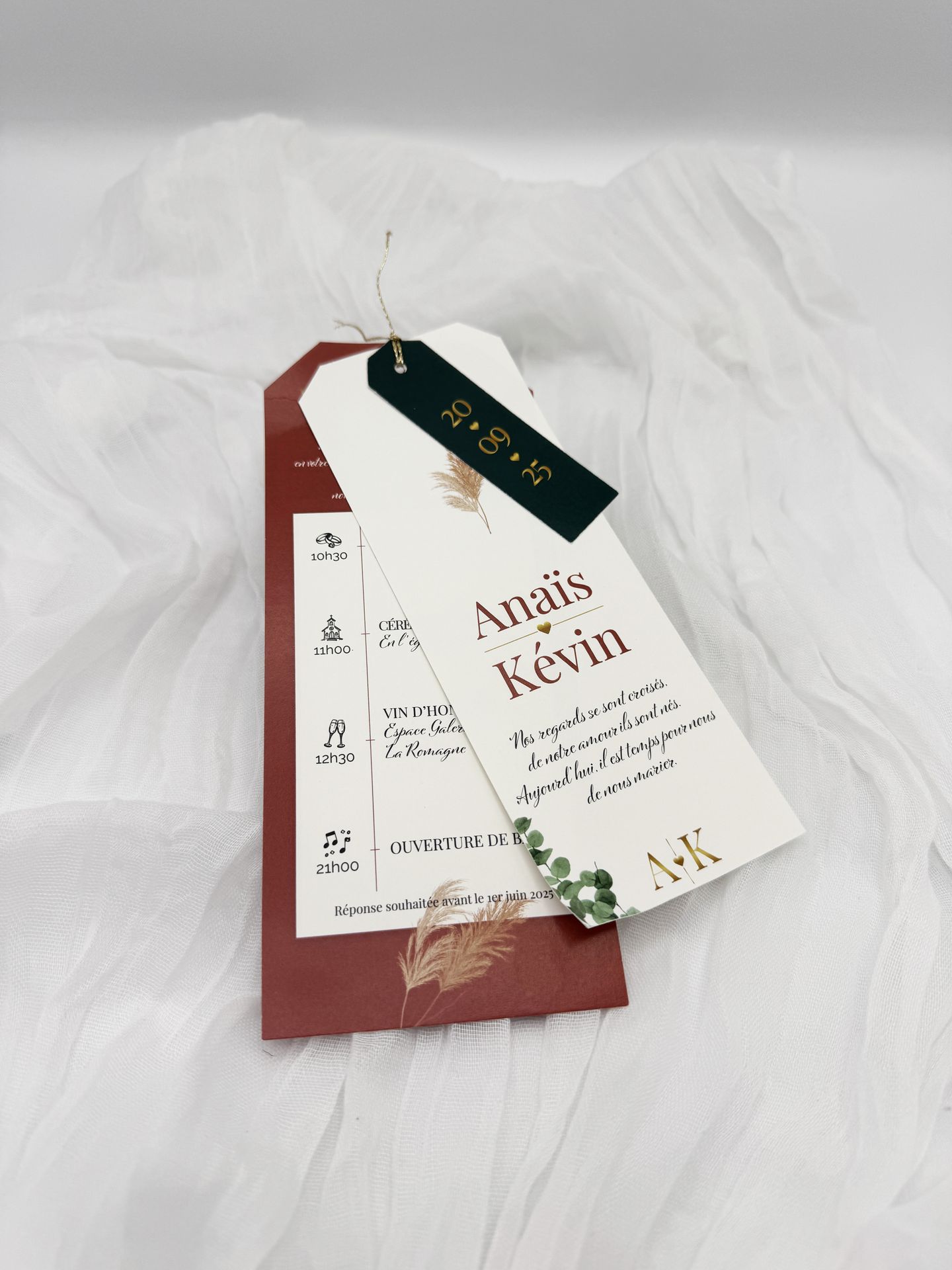 Faire part mariage terracotta pampas vert sapin végétaux