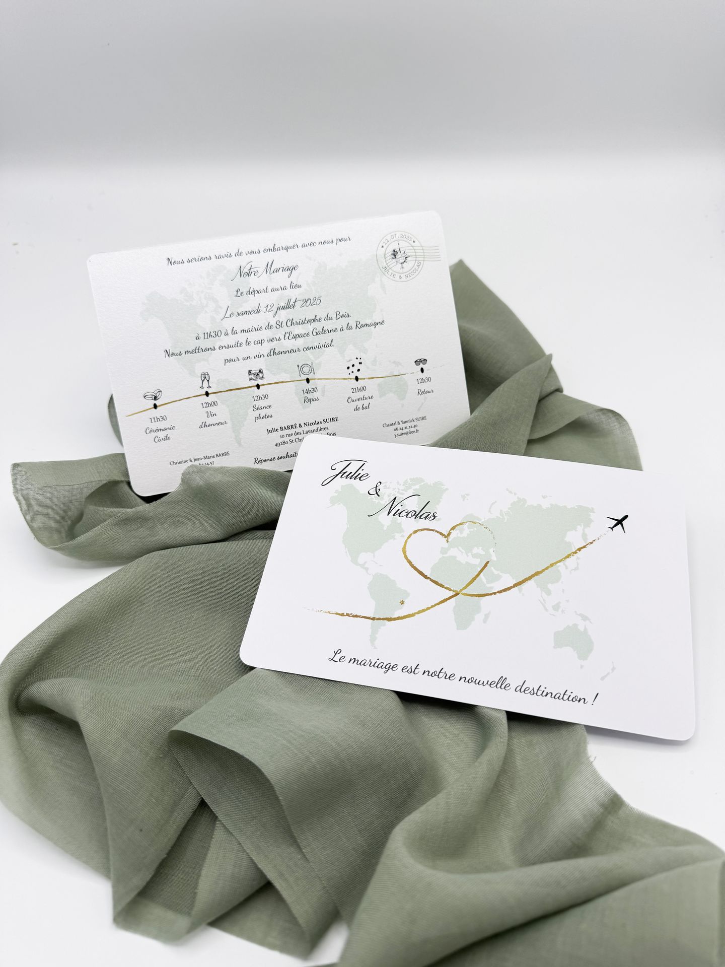 Faire part mariage passeport voyage vert sauge doré