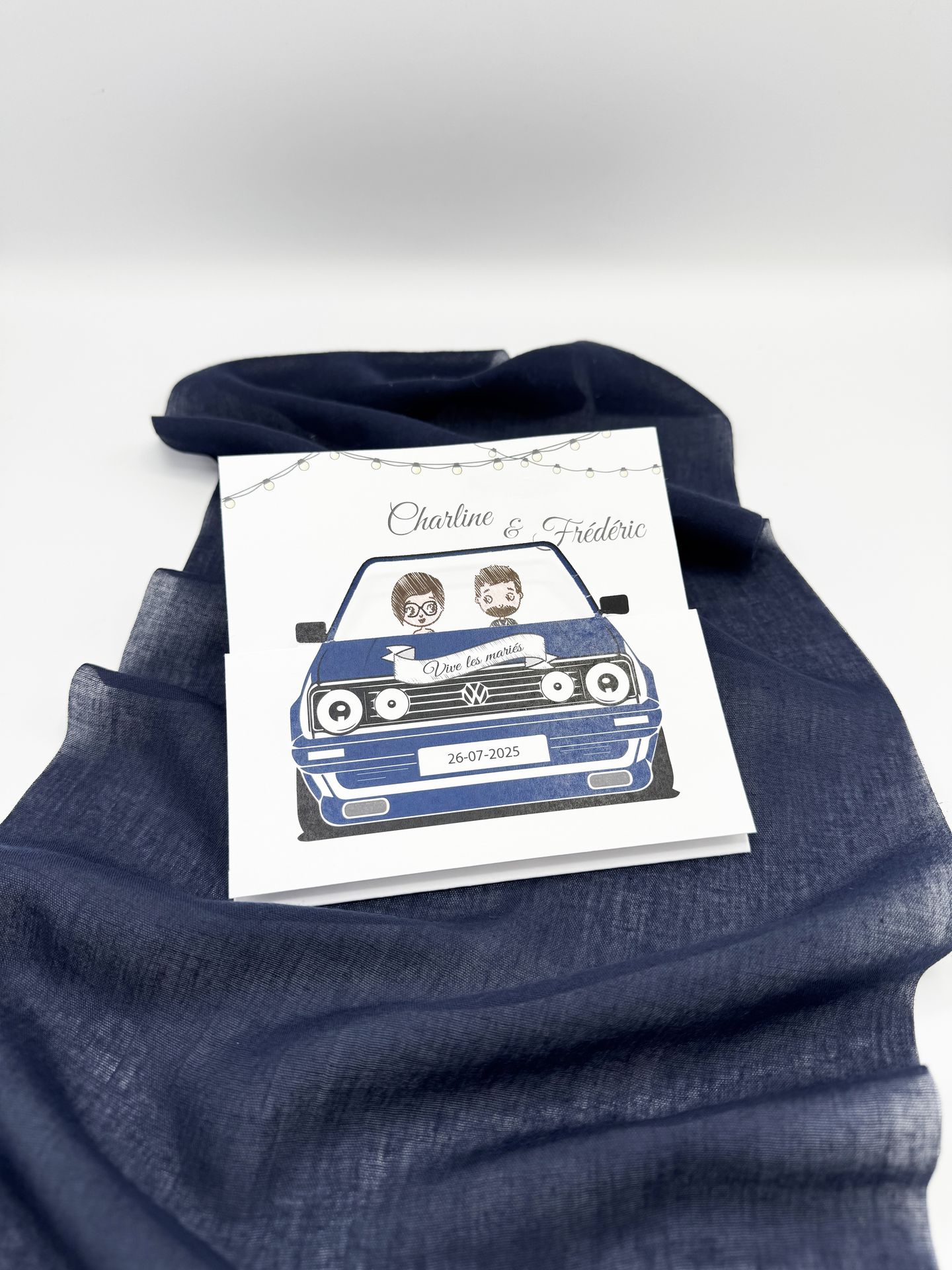 Faire part mariage bleu marine voiture dépliable guinguette