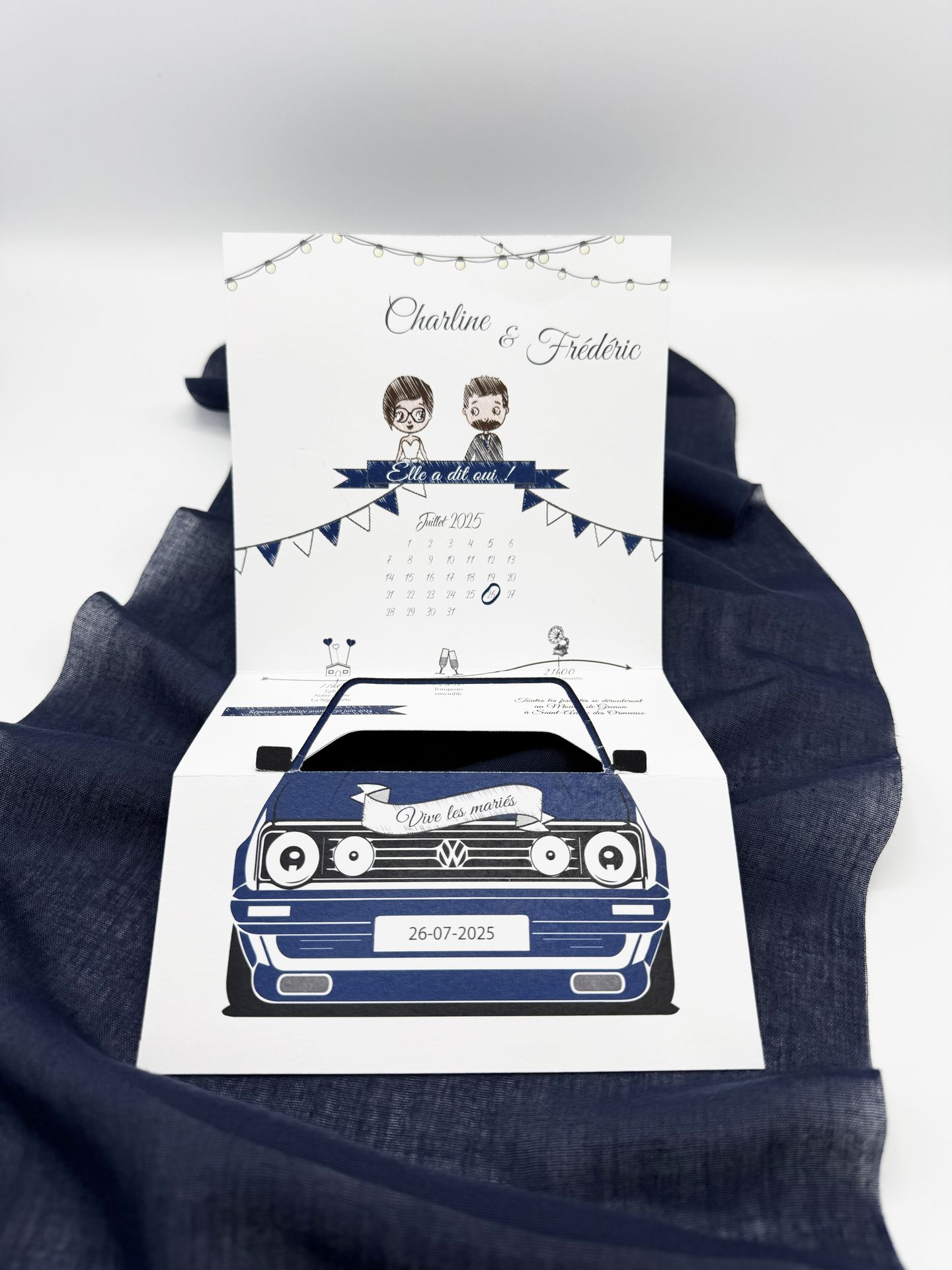 Faire part mariage bleu marine voiture dépliable guinguette