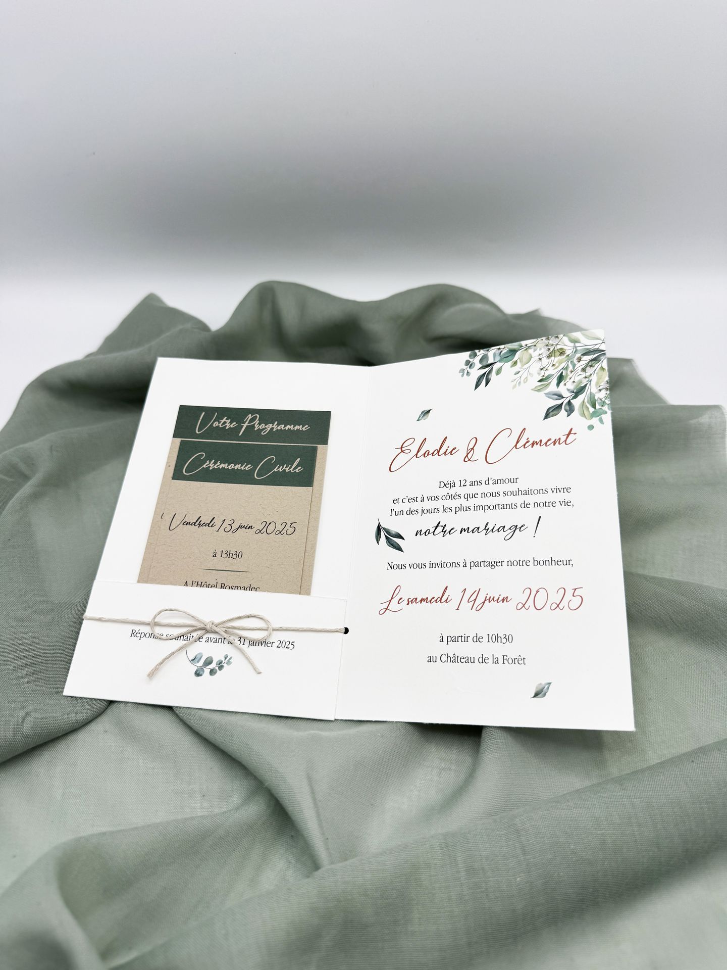 Faire part mariage vert sauge bordeaux craft eucalyptus