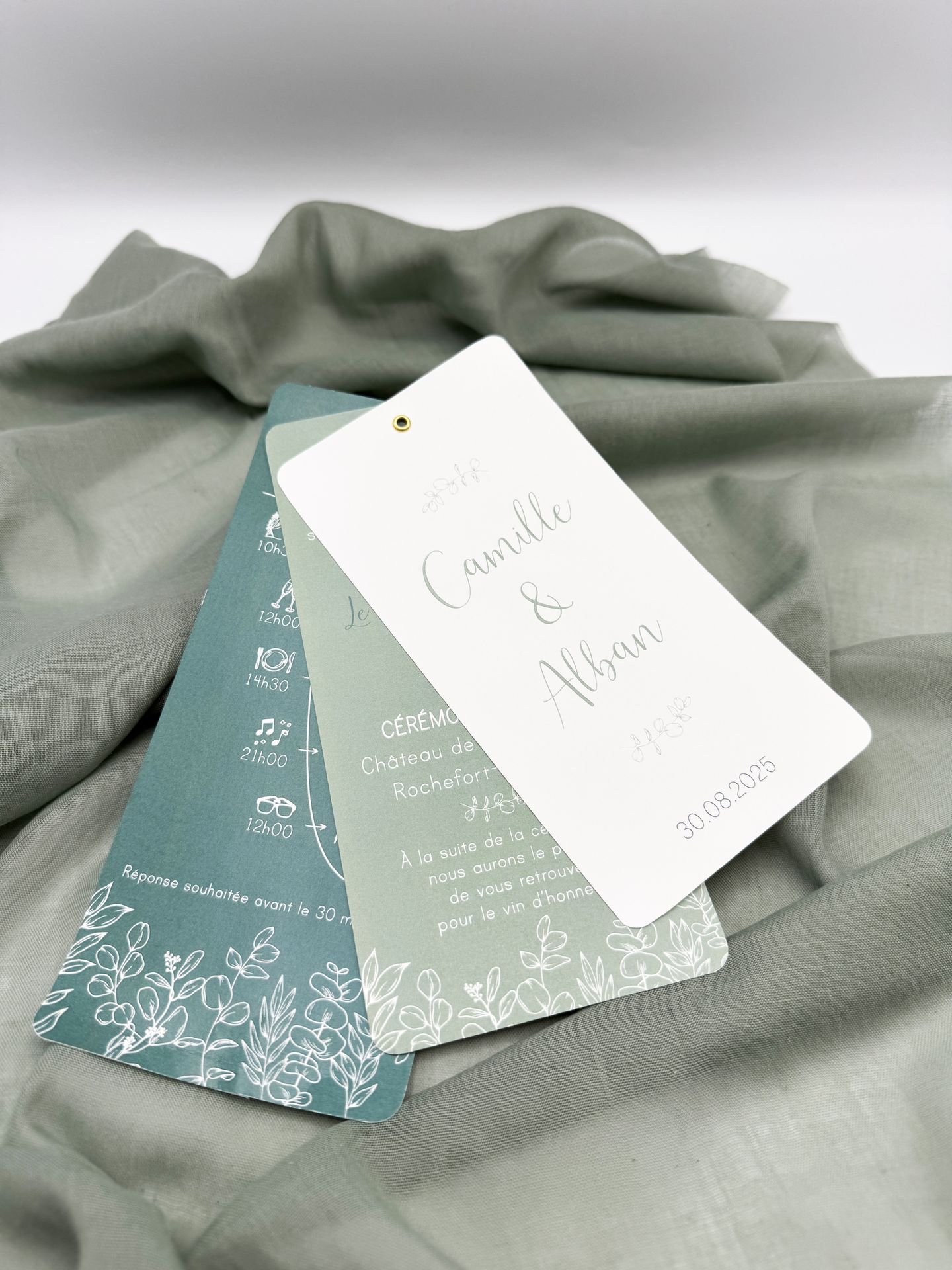 Faire part mariage vert sapin vert sauge eucalyptus assemblage papier