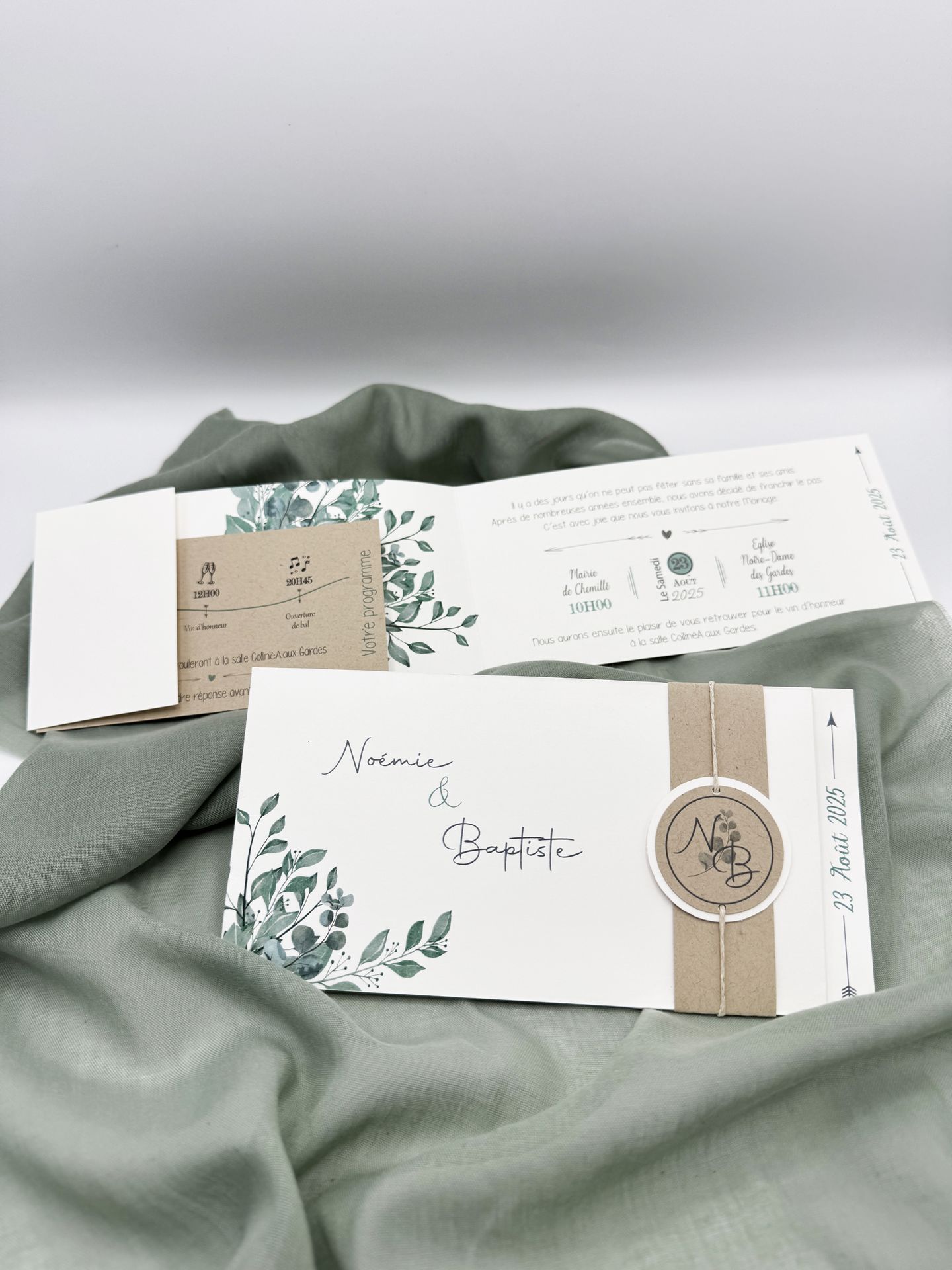 Faire part mariage blanc bandeau craft seau papier eucalyptus