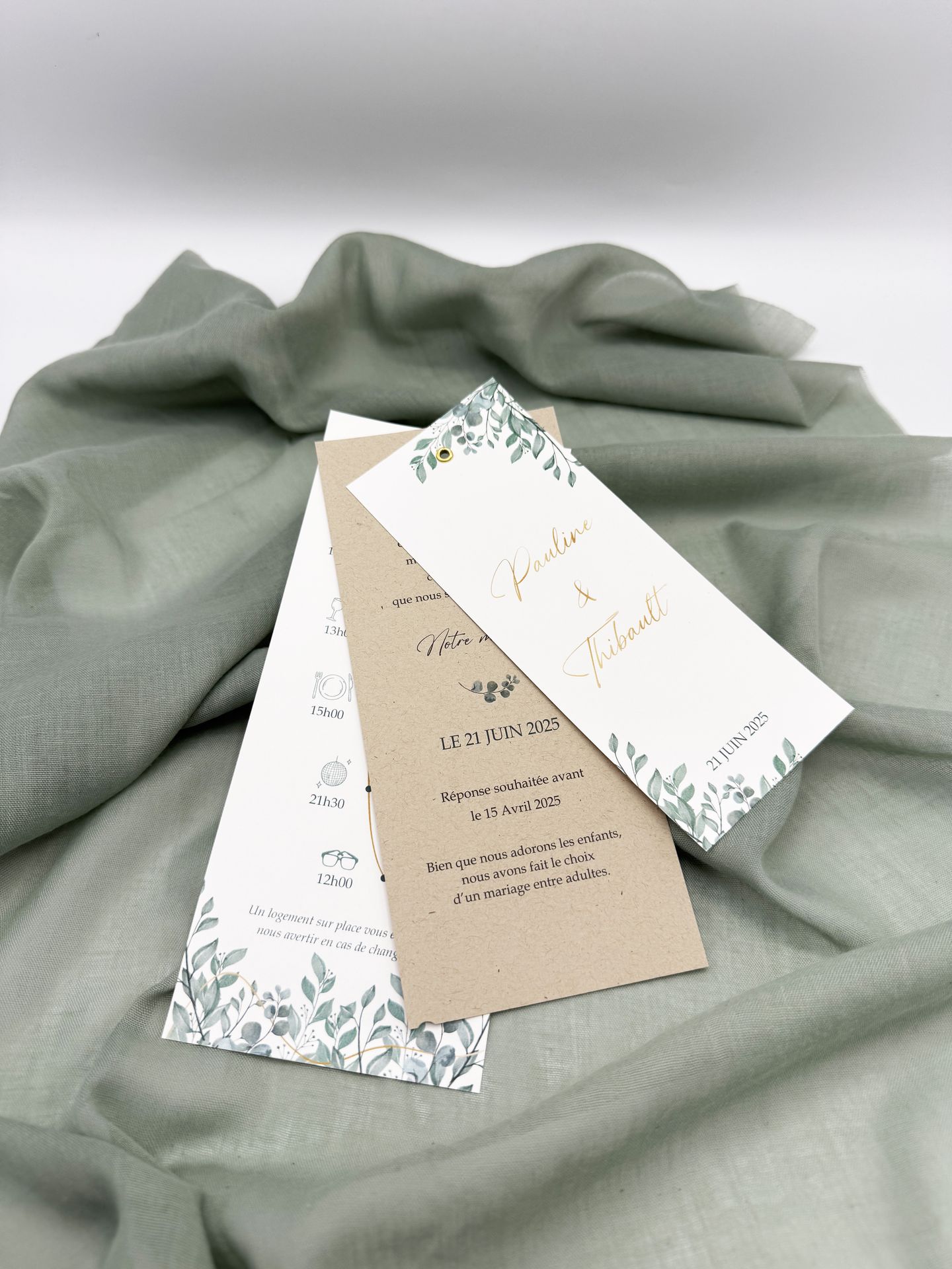 Faire part mariage eucalyptus vert sauge craft assemblage carte