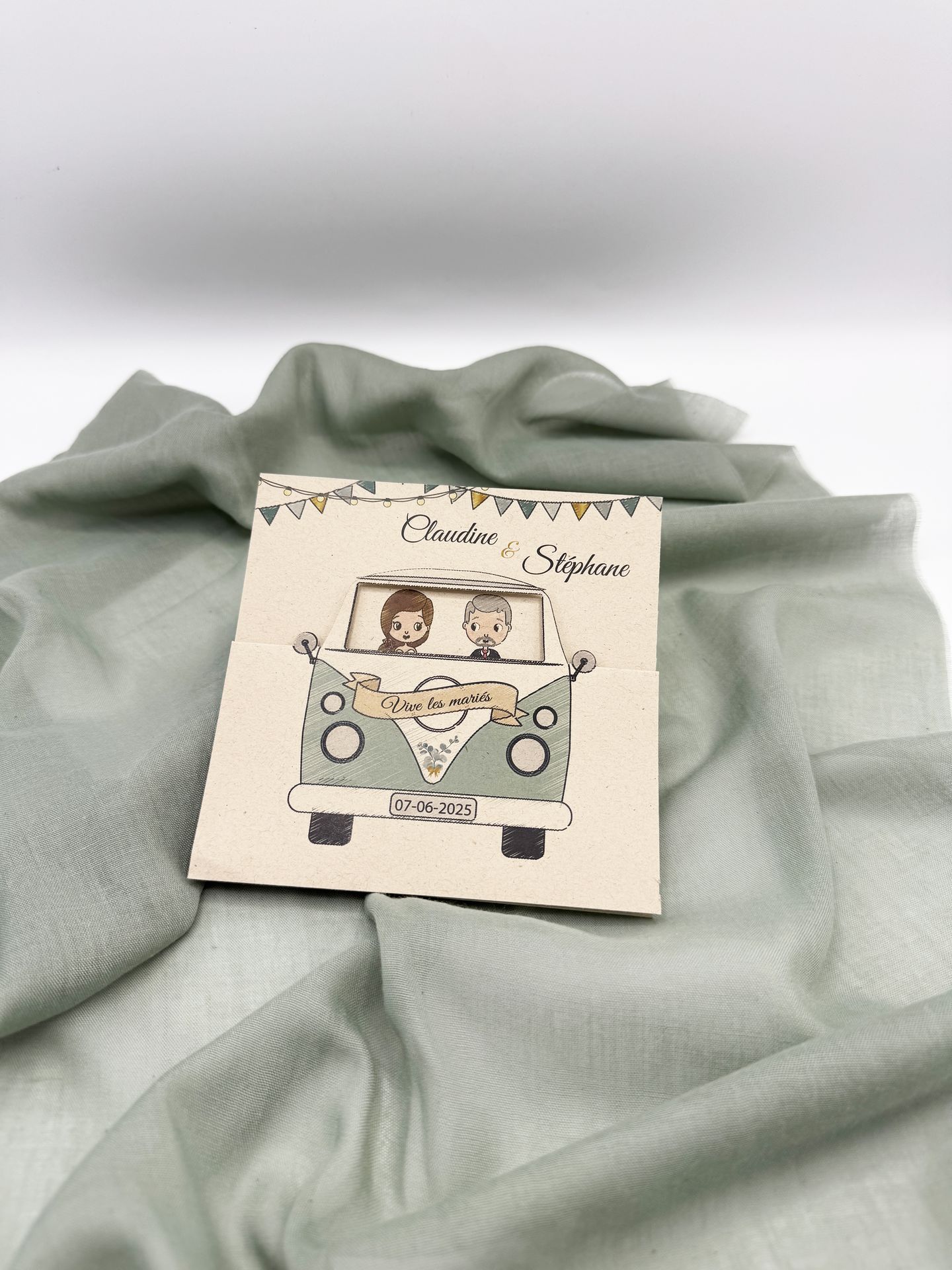 Faire part vert sauge voiture dépliable guinguette eucalyptus