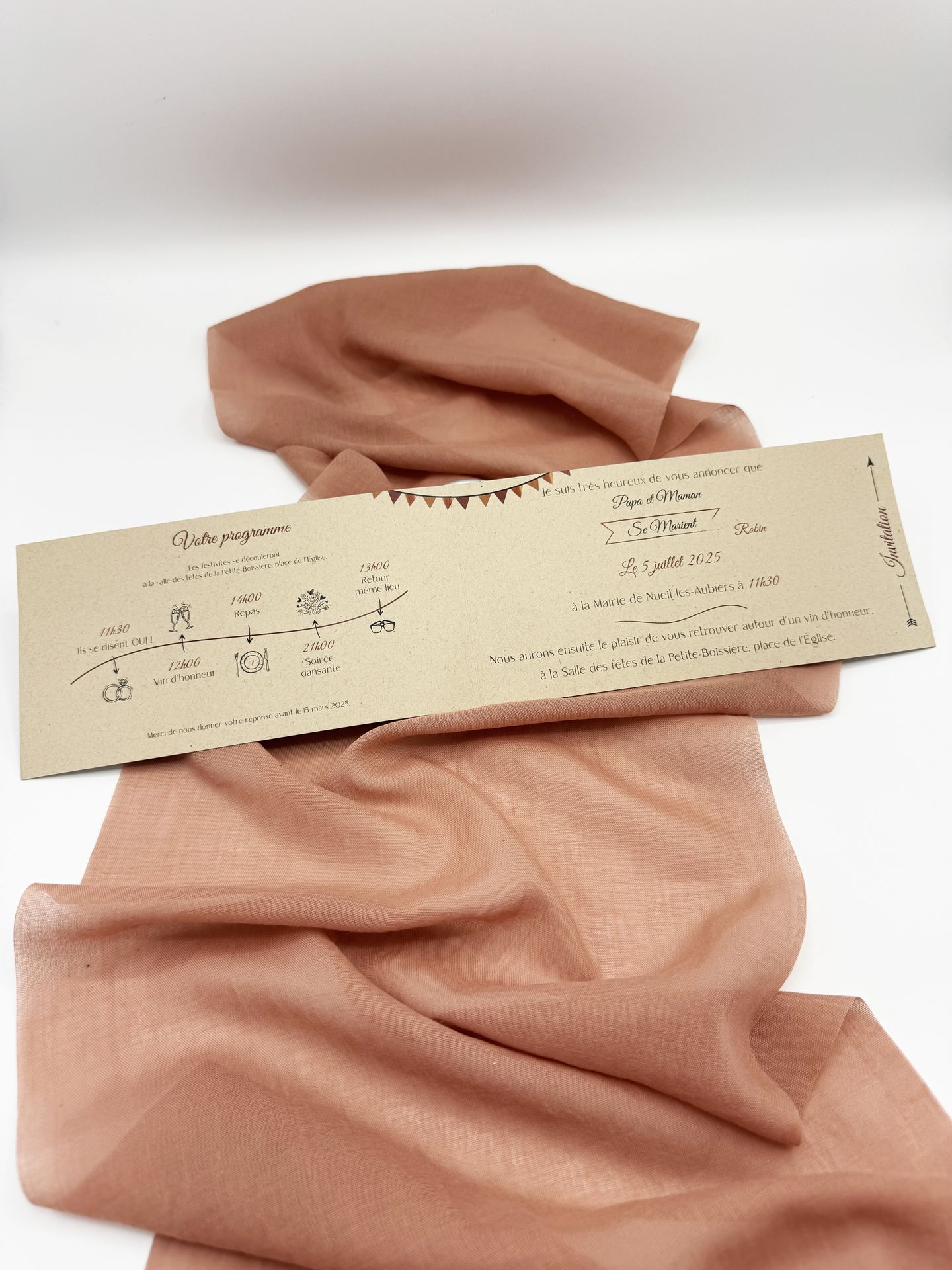 Faire part mariage craft guinguette terracotta bordeaux