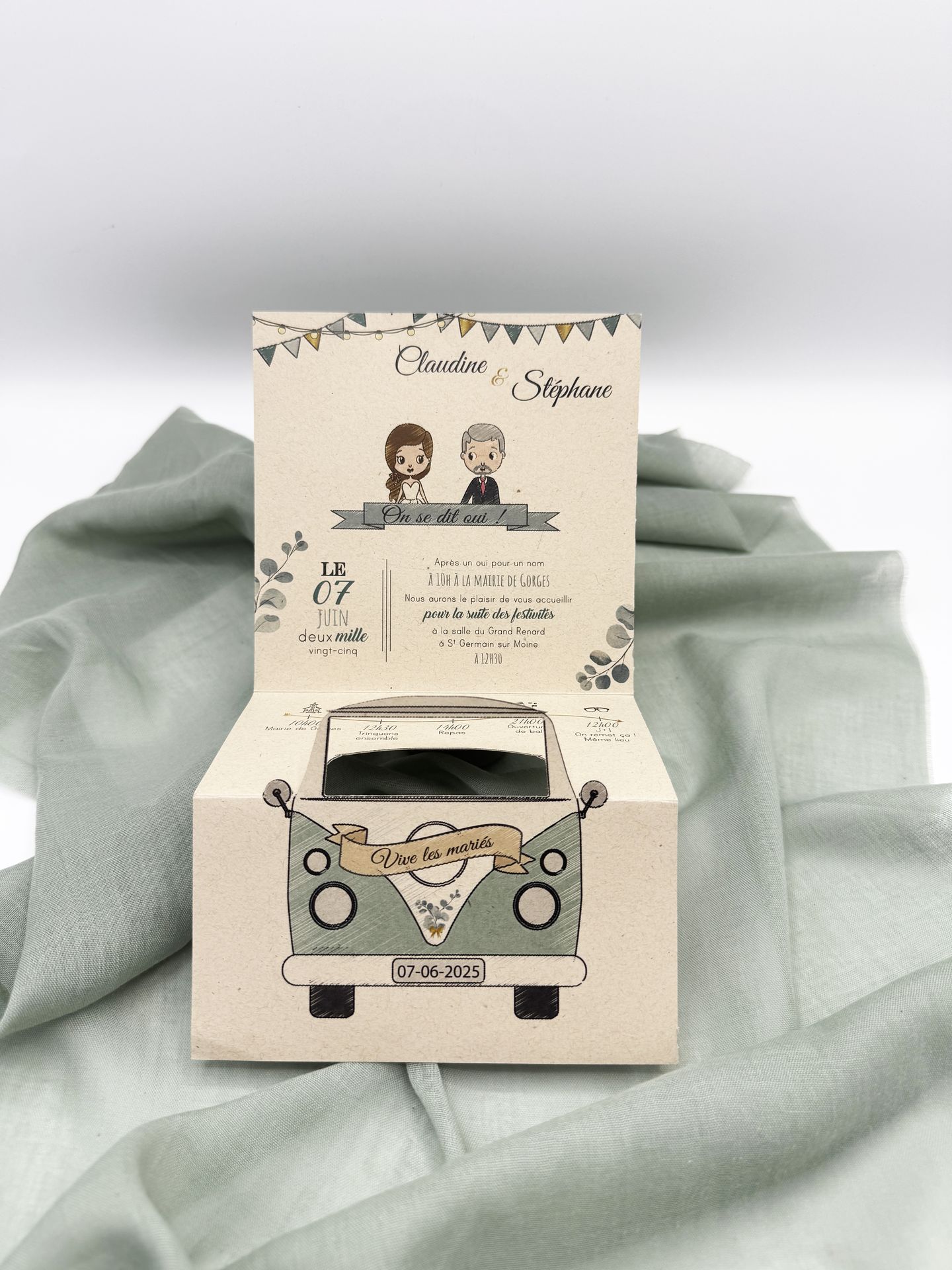 Faire part vert sauge voiture dépliable guinguette eucalyptus