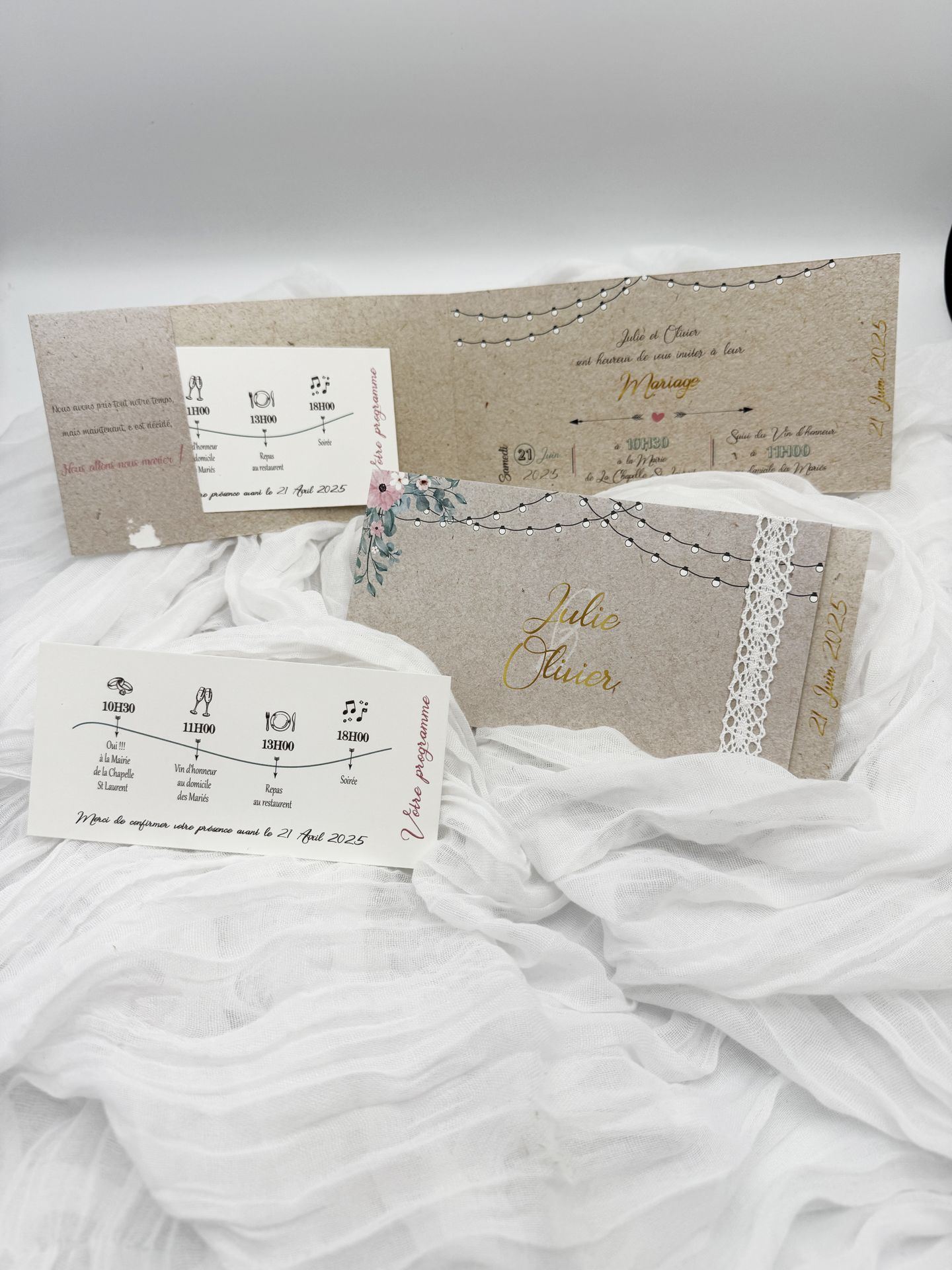 Faire part mariage craft dentelle blanc guinguette fleurs rose