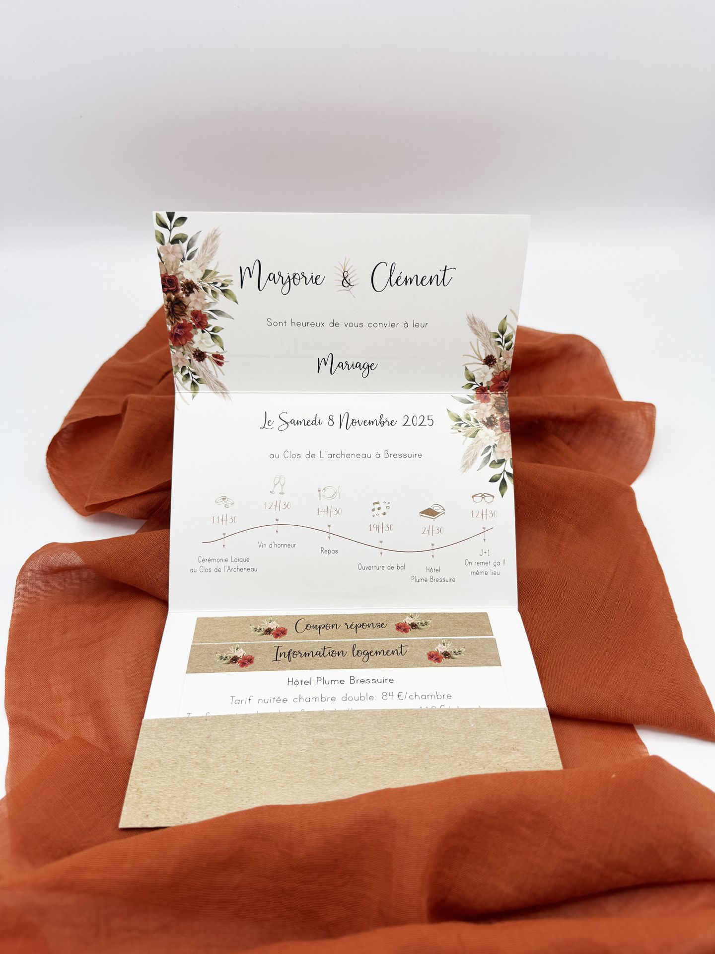 Faire part mariage blanc craft fleurs terracotta pampas