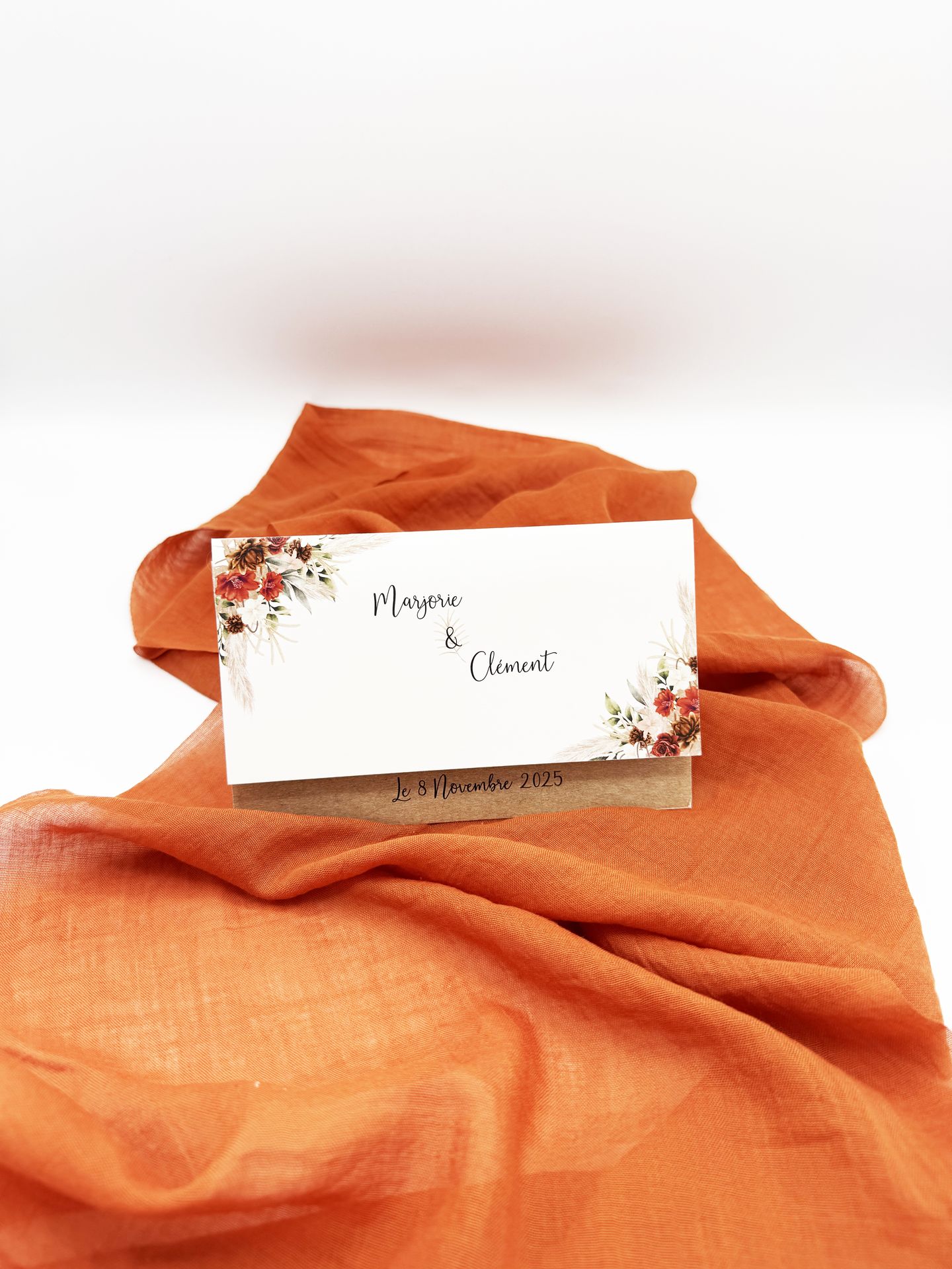 Faire part mariage blanc craft fleurs terracotta pampas