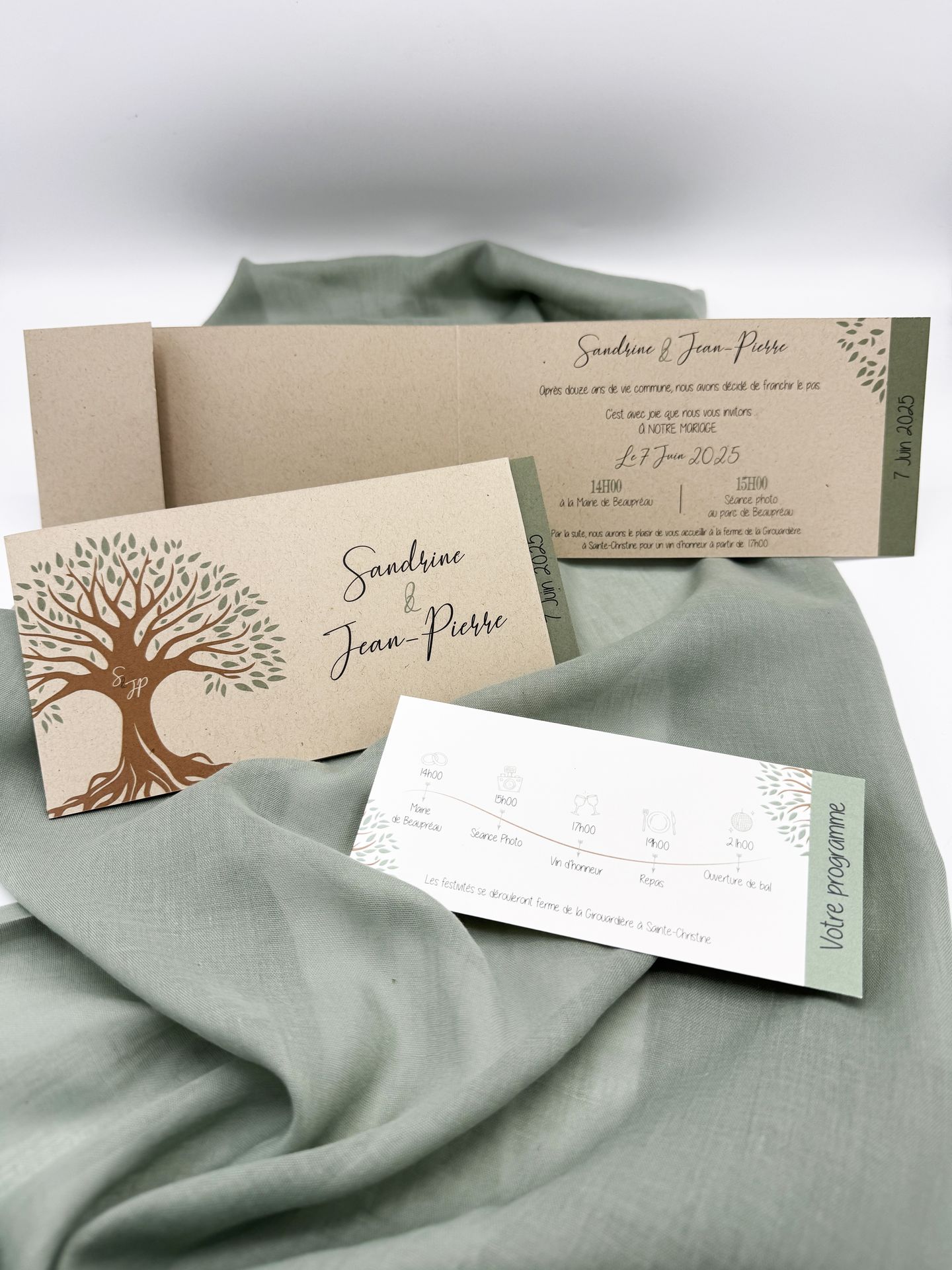 Faire part mariage craft vert sauge kaki arbre feuillage