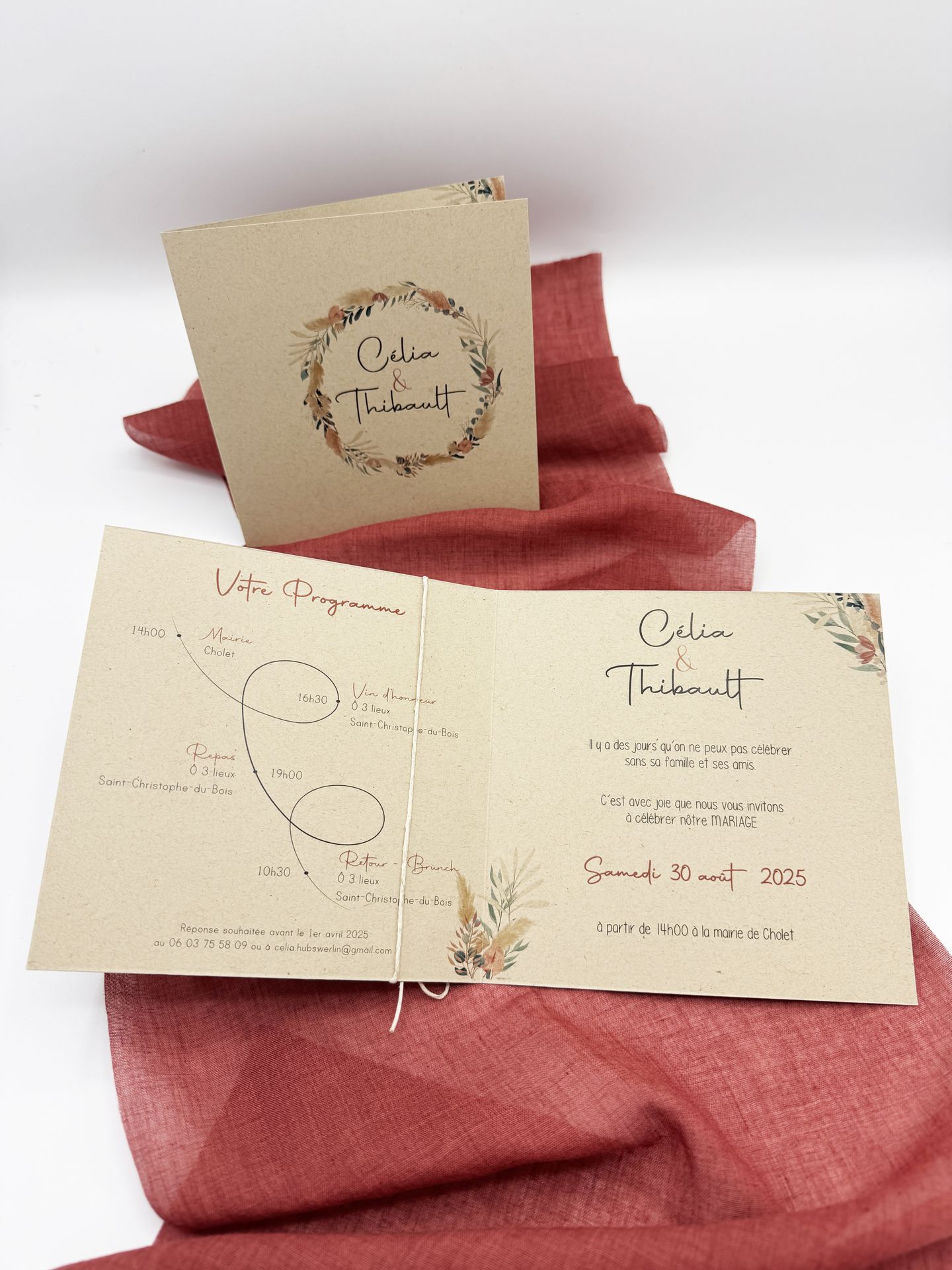 Faire part mariage feuillage pampas terracotta kraft