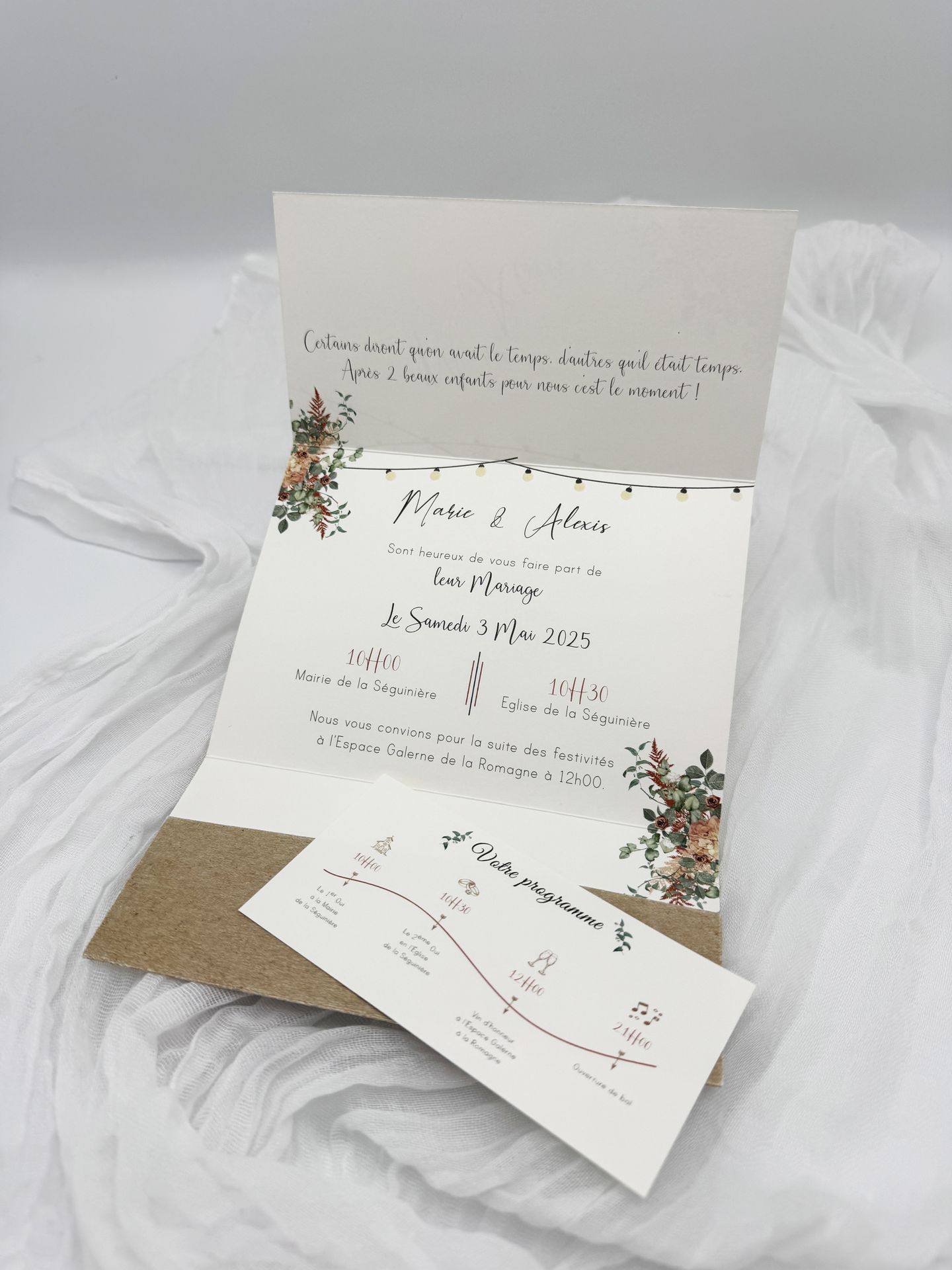 Faire part mariage craft fleurs vieux rose terracotta guinguette