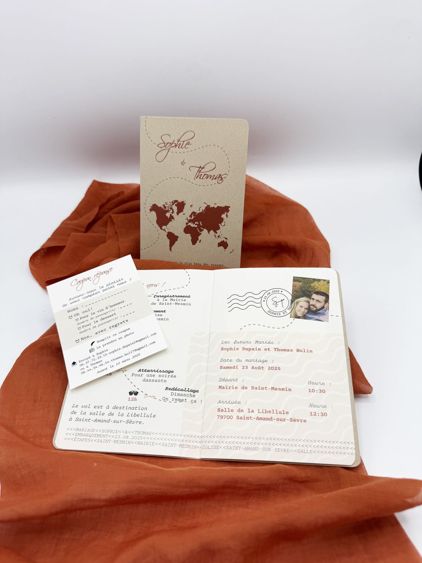 Faire part mariage passeport voyage terracotta