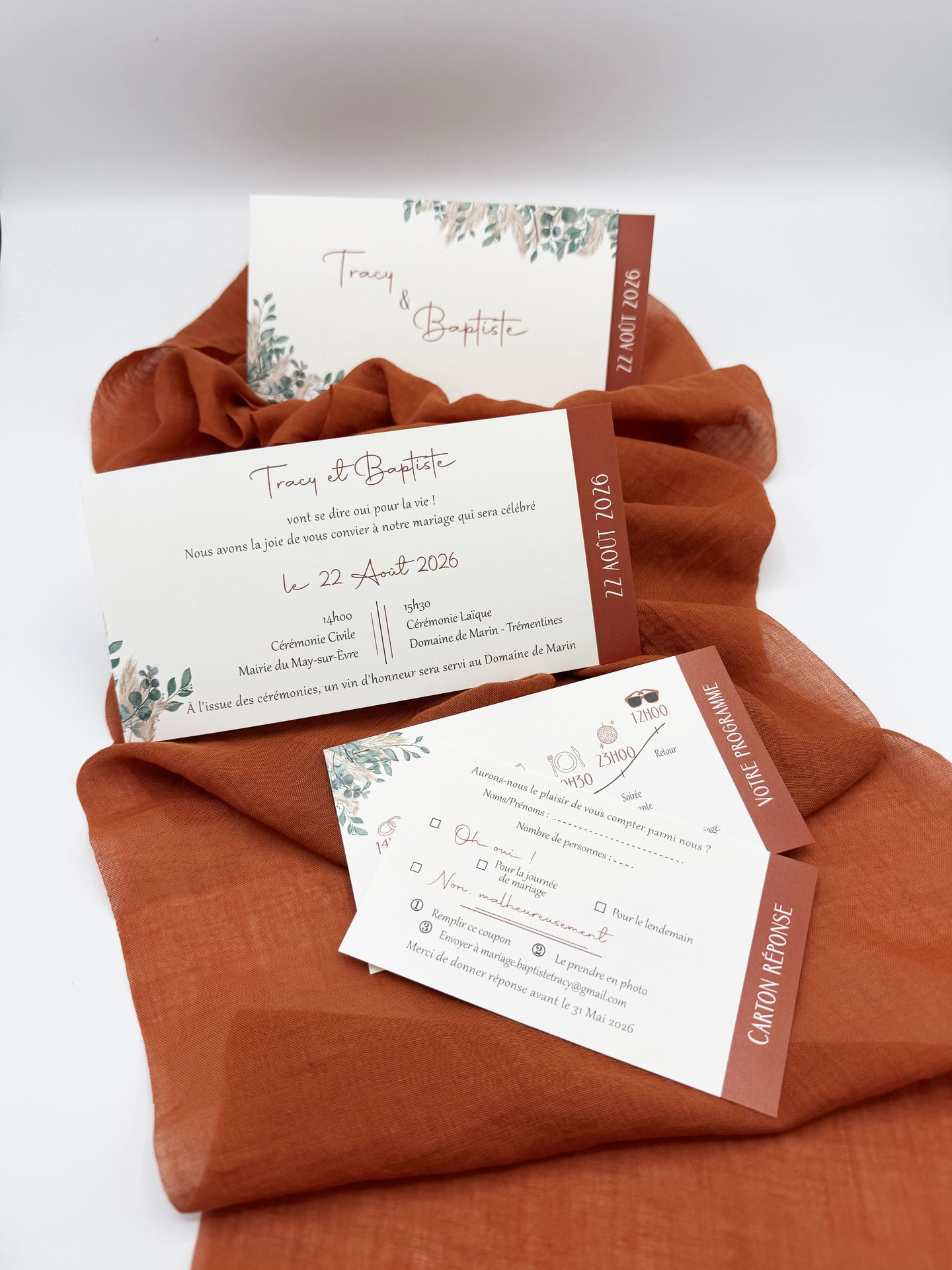 Faire part mariage terracotta eucalyptus pampas