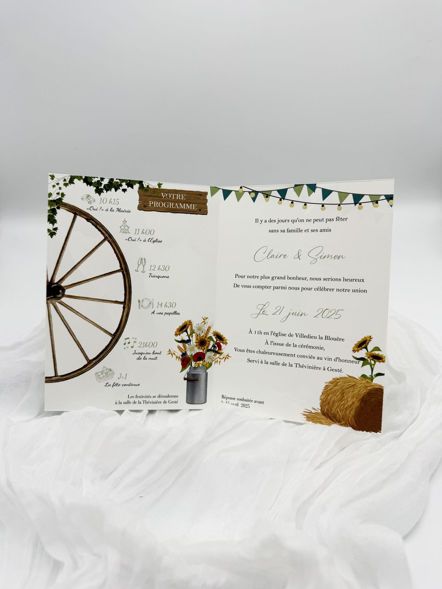 Faire part mariage guinguette paille fleurs tournesol feuillage blanc