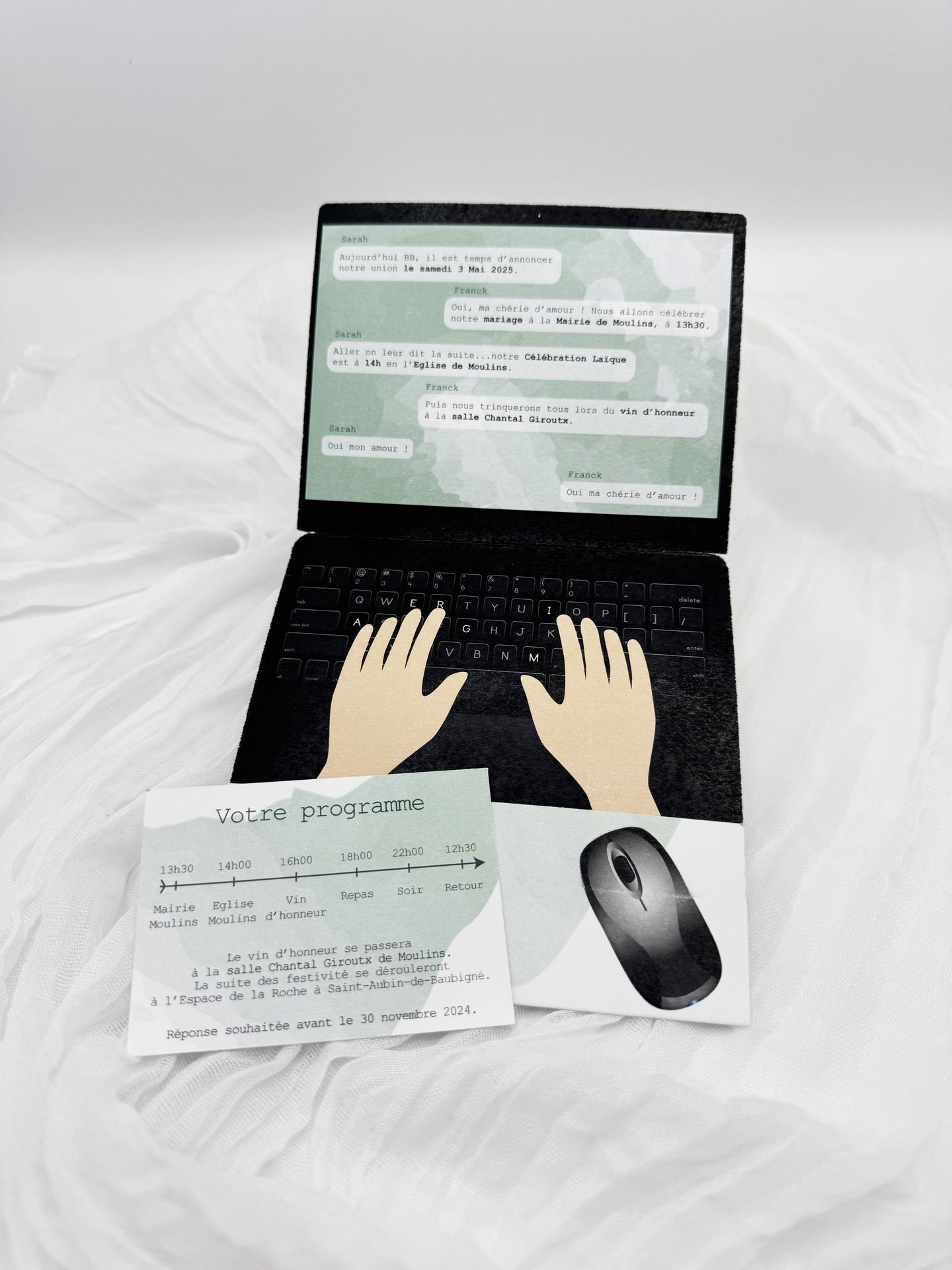 Faire part mariage vert sauge ordinateur souris informatique blanc