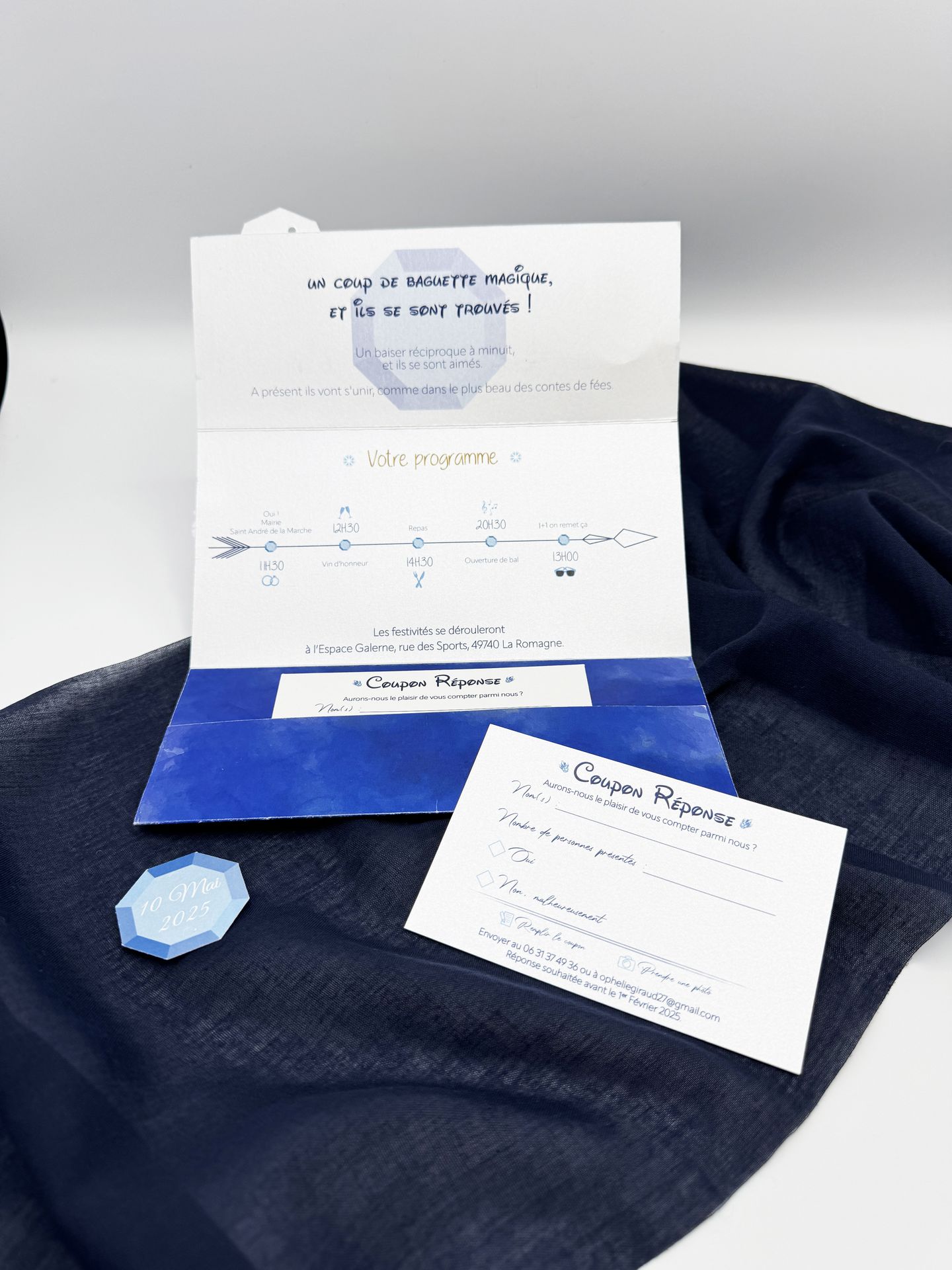 Faire part mariage disney bleu diamant blanc