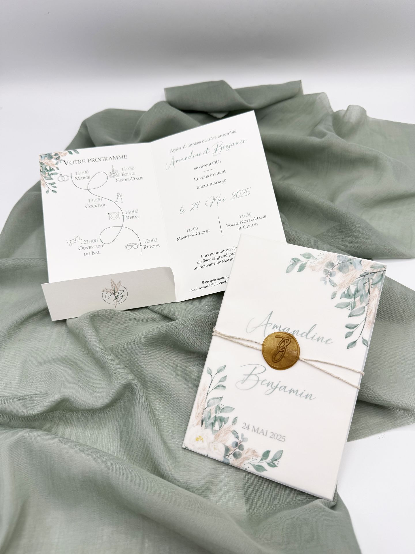 Faire part mariage vert sauge eucalyptus pampas seau doré