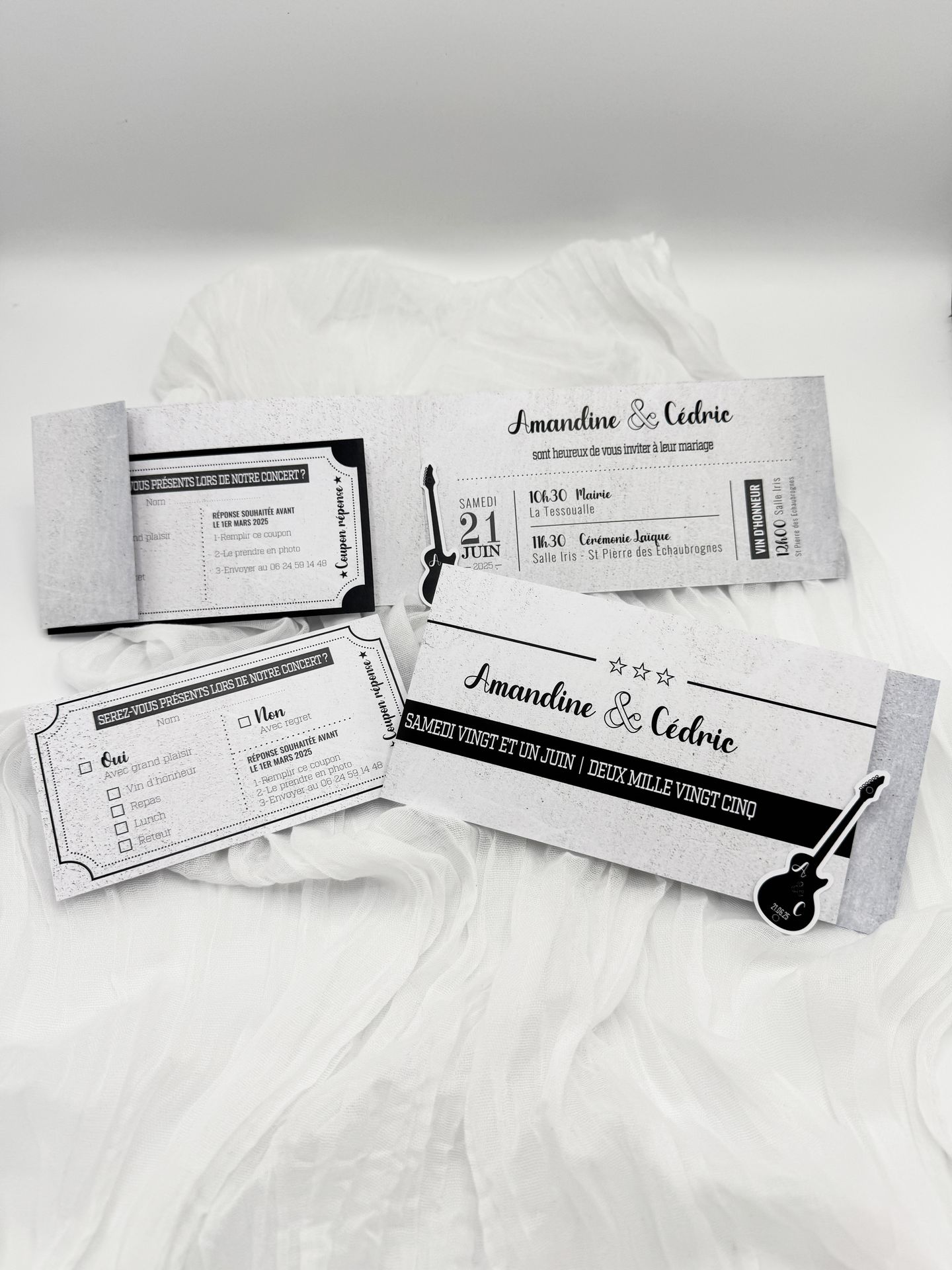 Faire part noir et blanc musique guitare billet étoile