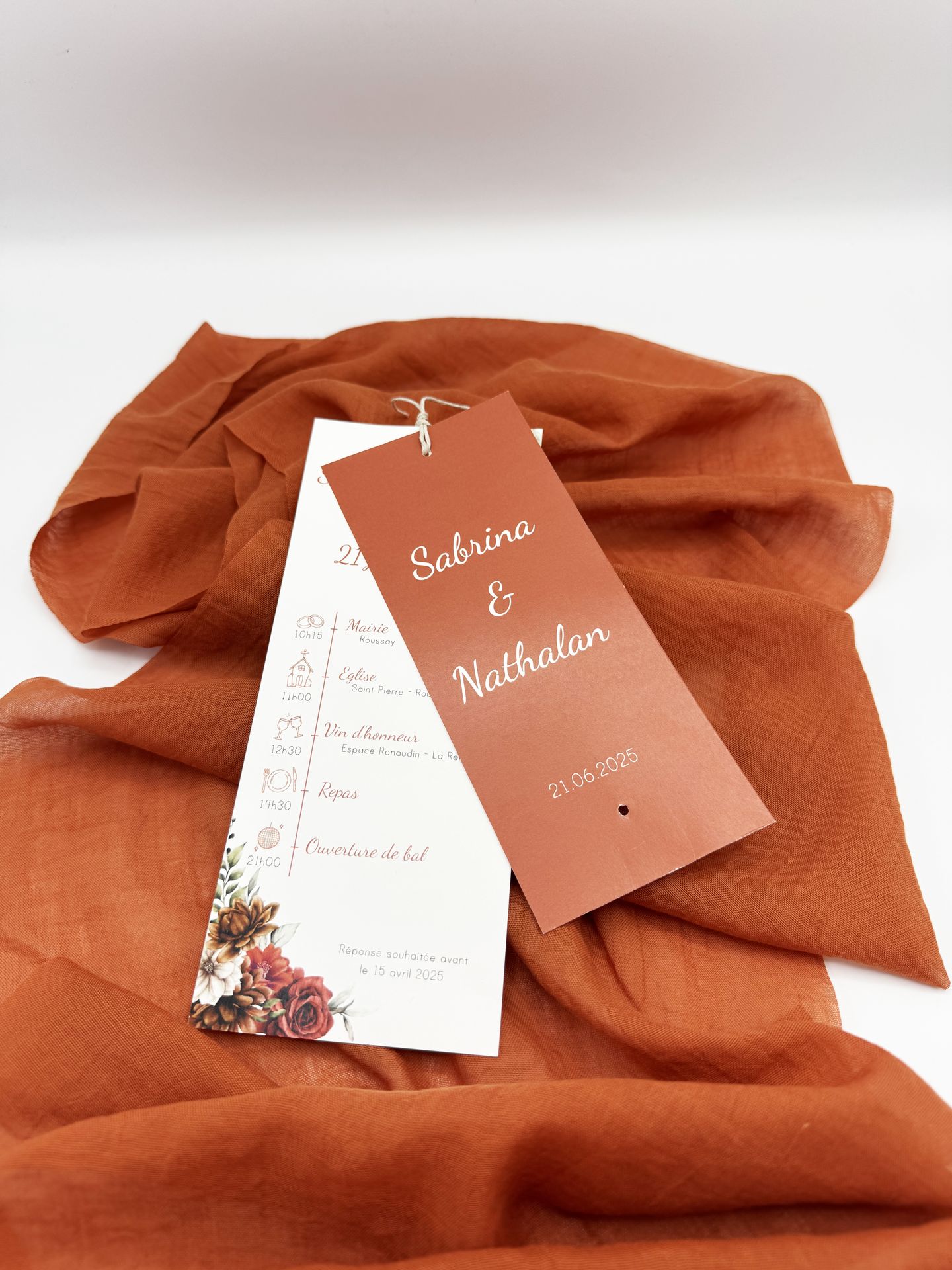 Faire part mariage terracotta blanc fleurs marrons assemblage