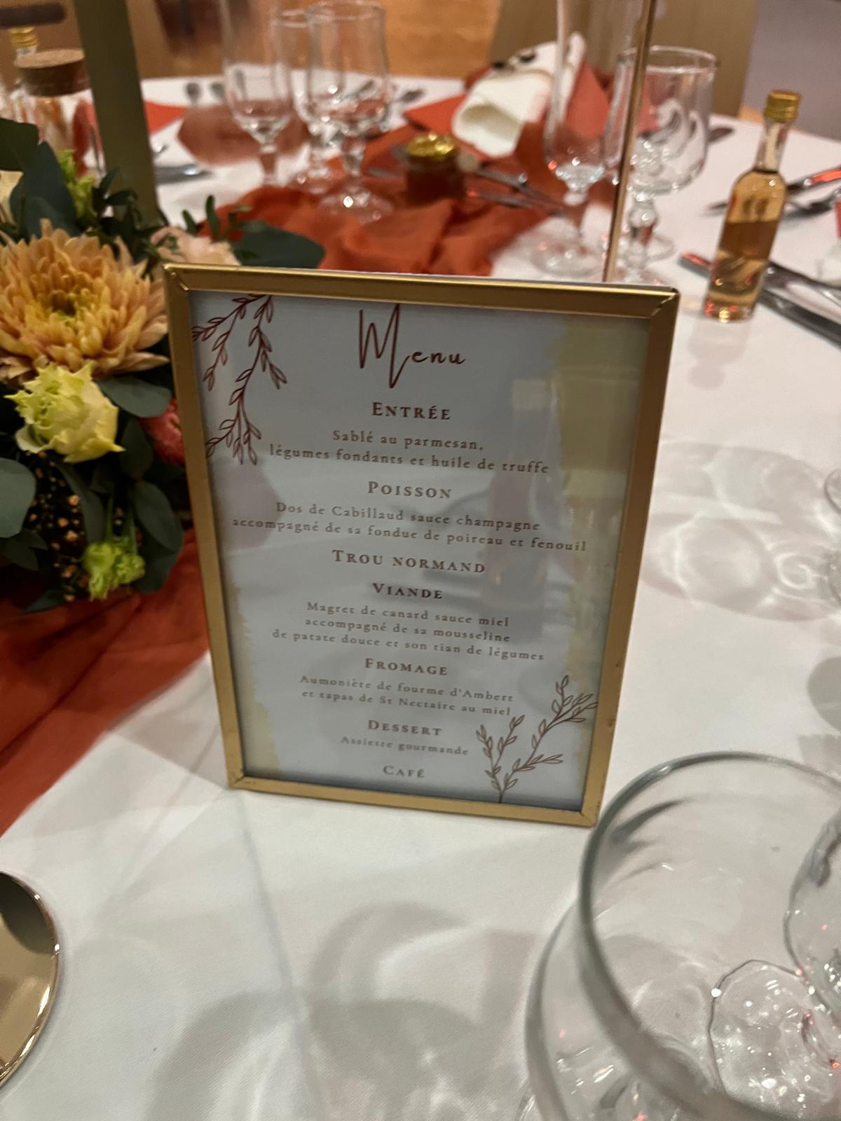 Mariage Salle Les Landebaudières plafond tentures et leds tables blanches chemin de table terracotta cadre menu dorée