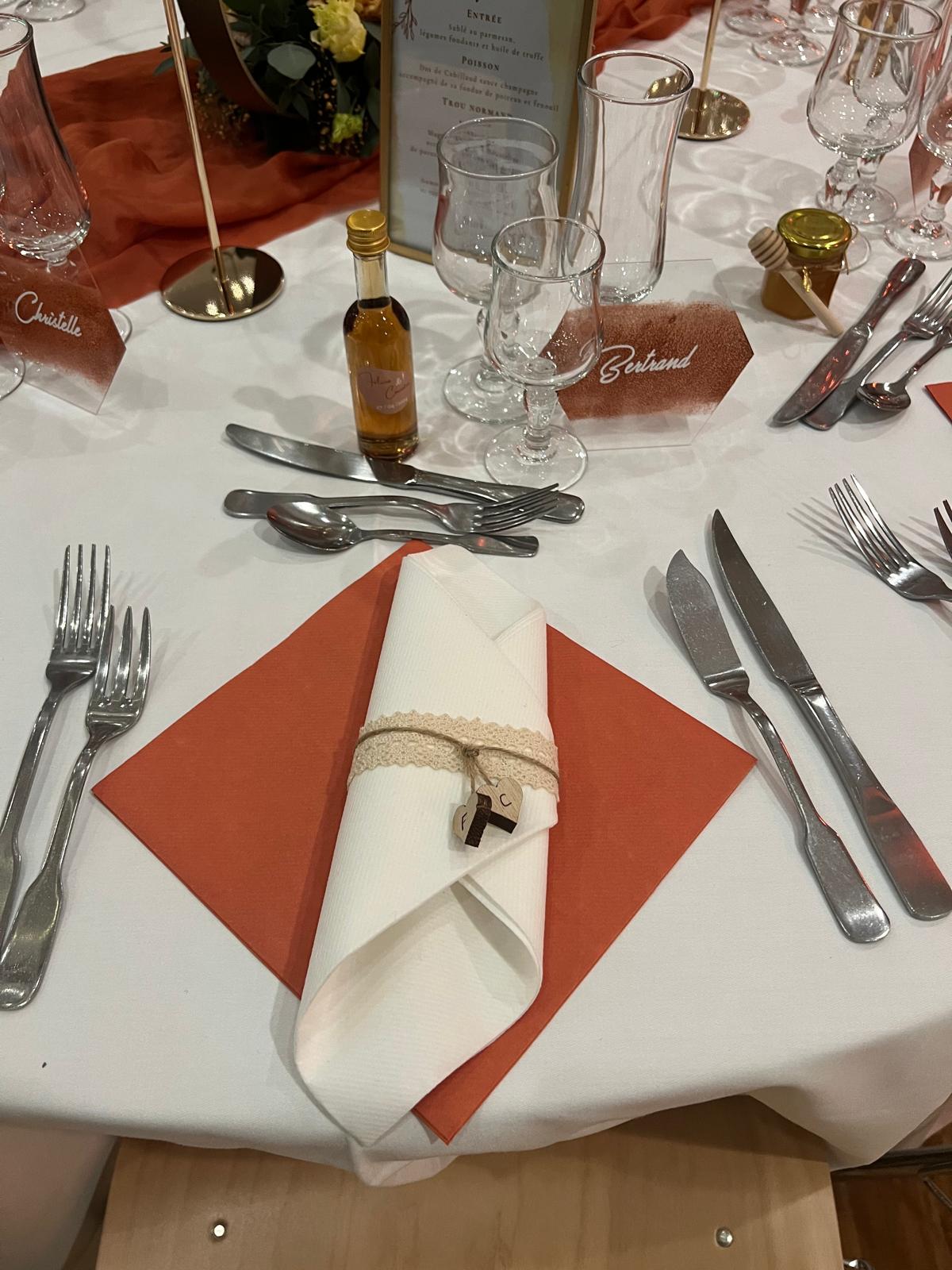 Mariage Salle Les Landebaudières plafond tentures et leds tables blanches servioette blanches et terracotta marque place en plexis terracotta fiole