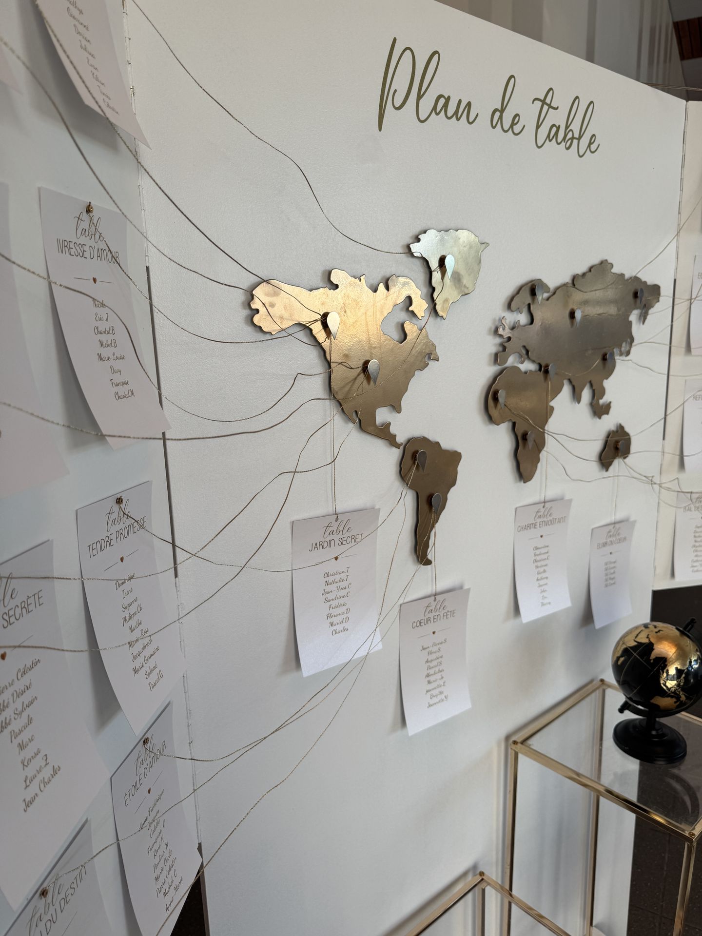 Mariage Espace Convivial plan de table voyage dorée et socle dorée
