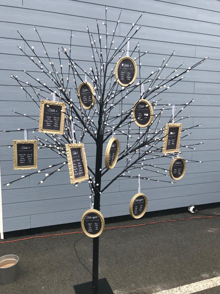 Mariage Le Fief du Vignoble plan de table sur arbre lumineux cadre dorée moulures impression noir
