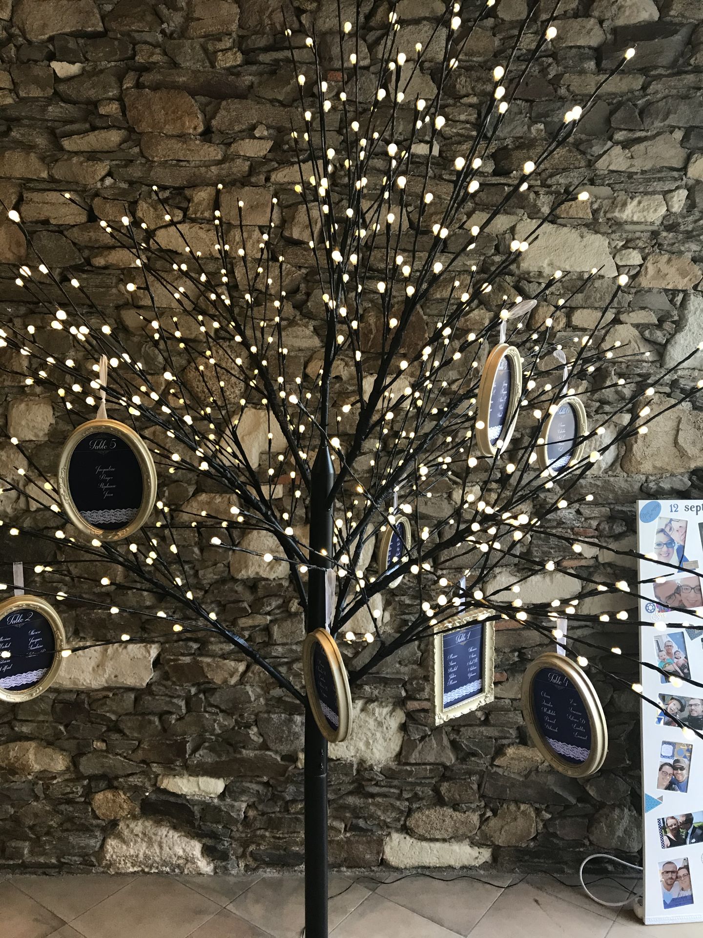 Mariage Château de la Galissonnière plan de table arbre lumineux cadre dorée moulures impression bleu marine