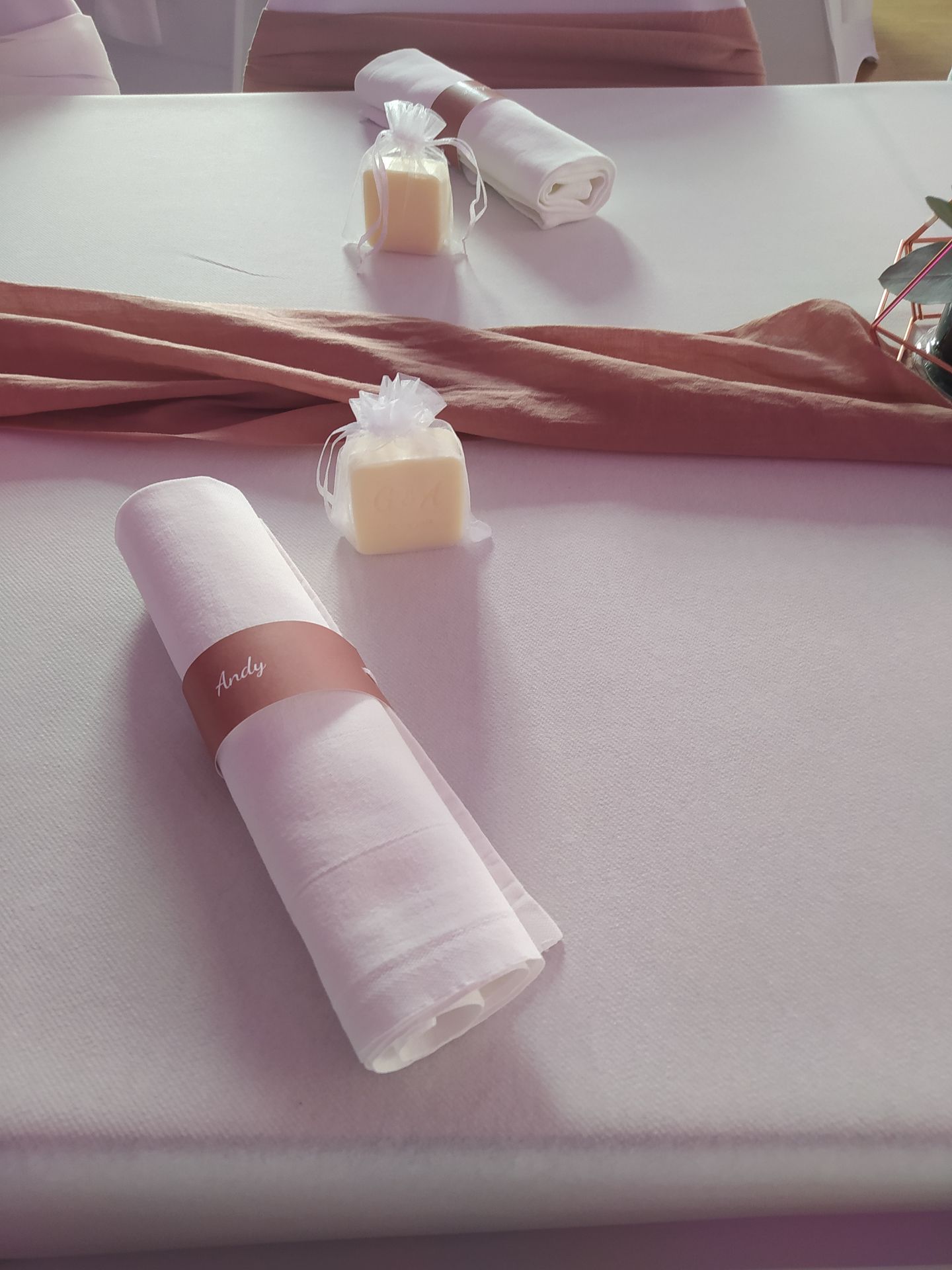 Mariage Salle des Fêtes serviette blanche marque place rondin vieux rose et cadeaux invités savon