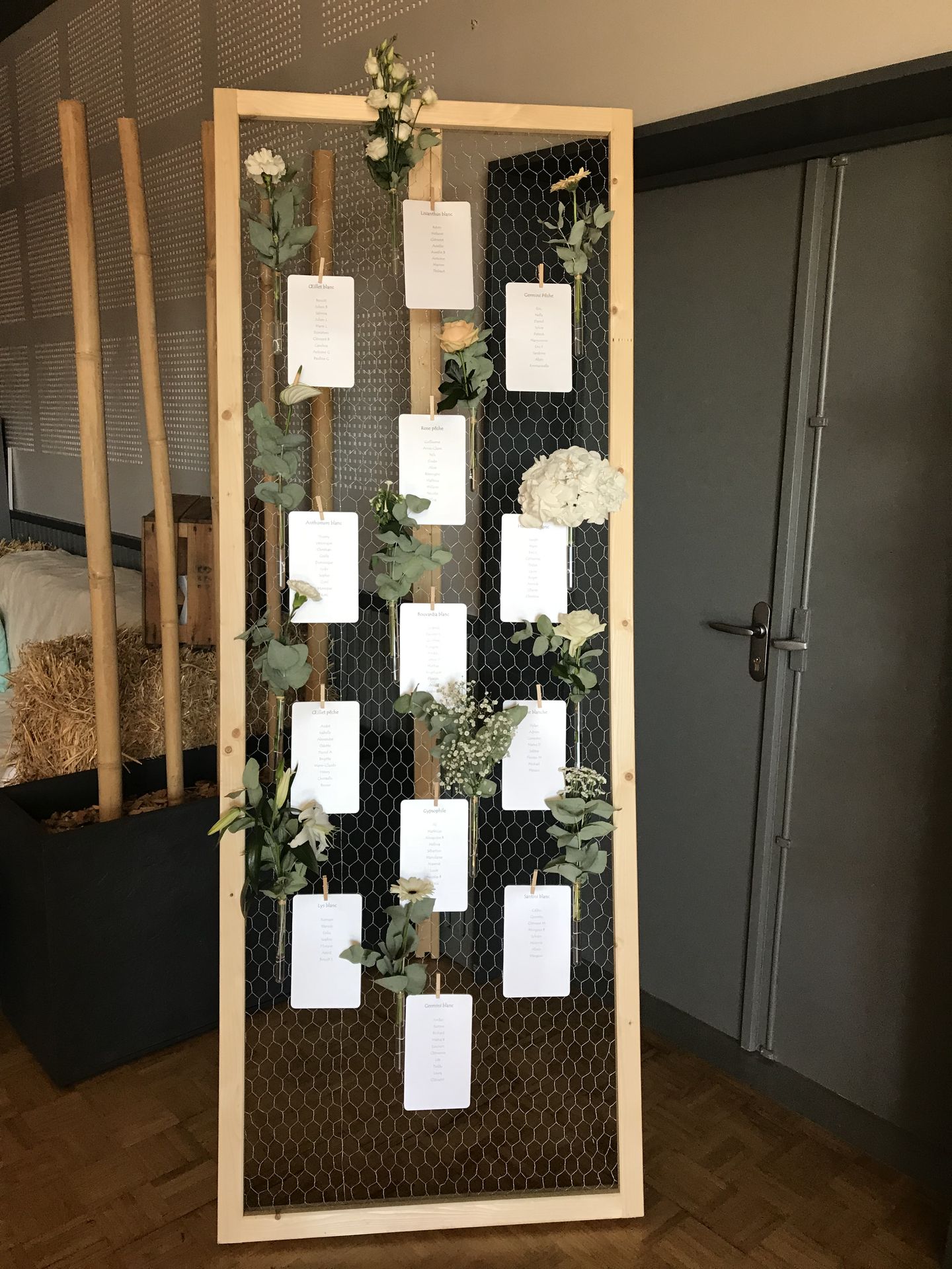 Mariage Salle L'Arc en Ciel plan de table en bois et grillage fleurs blanche et eucalyptus